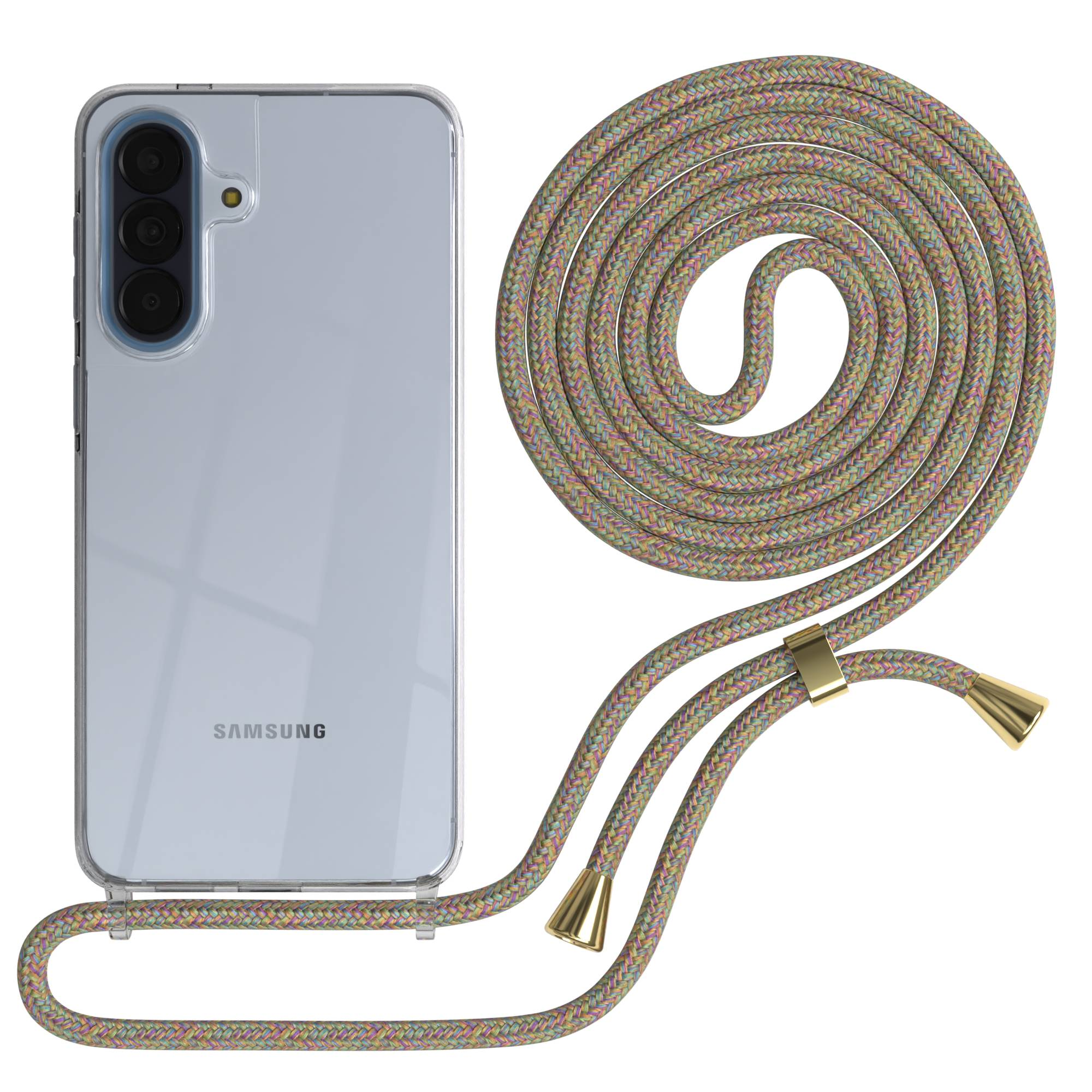 Ein transparentes Samsung-Handy mit einer bunten Kordel und goldenen Beschlägen.