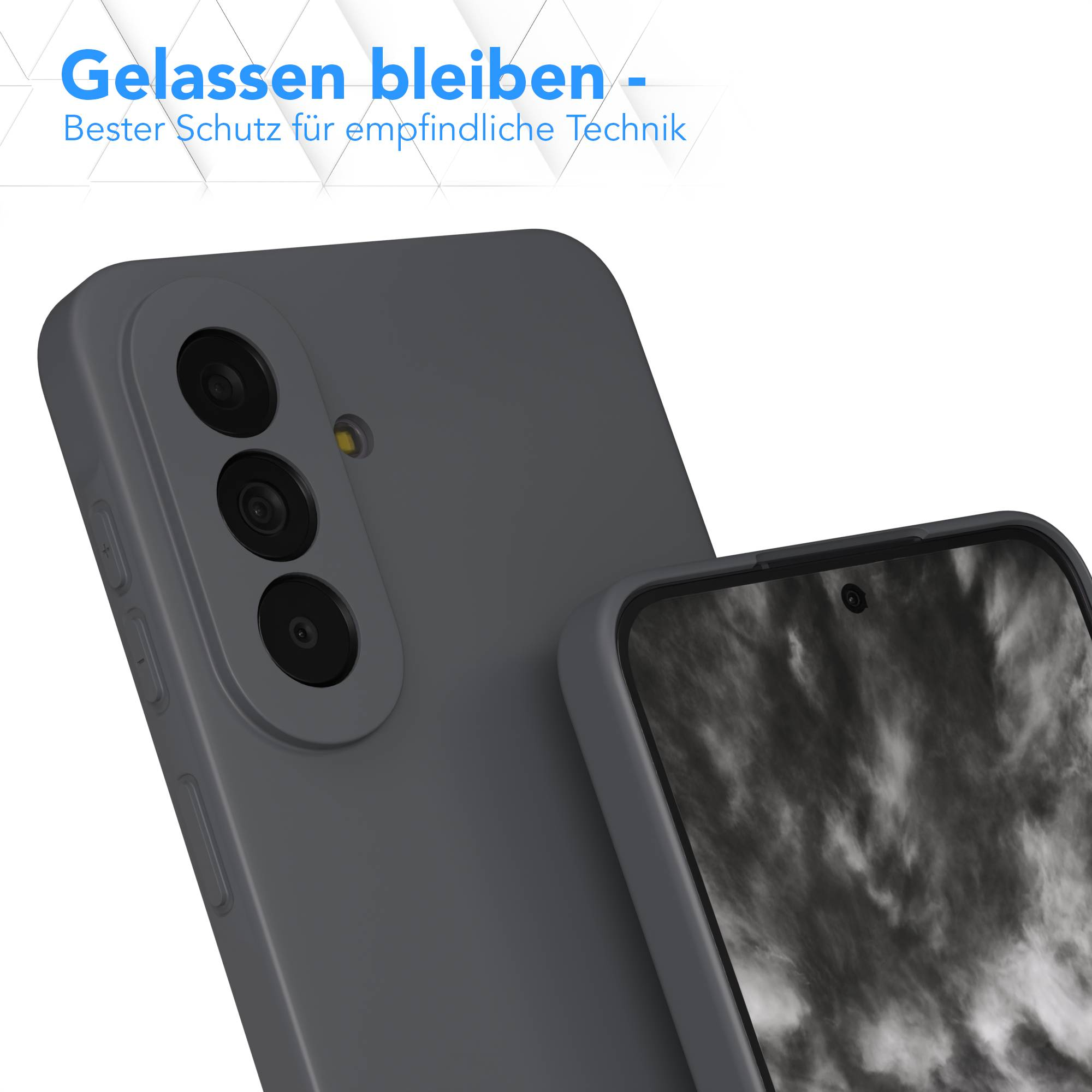 Graues Handy mit drei Kameras und einem Bildschirm, der ein abstraktes Muster zeigt.