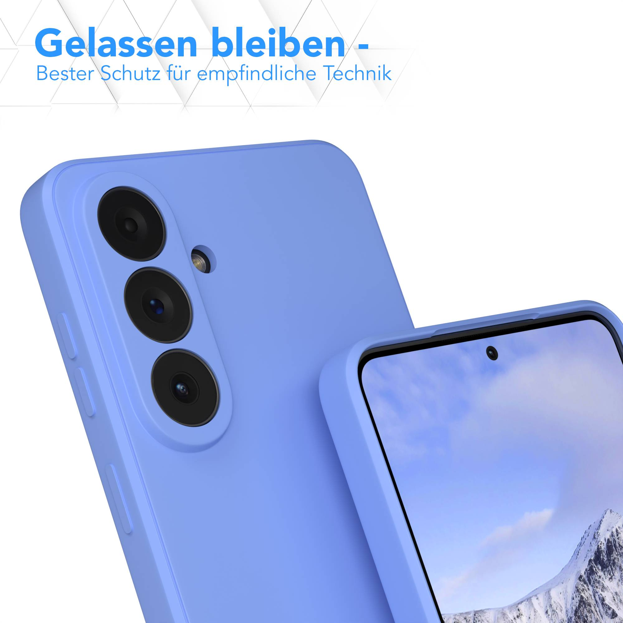Ein blaues Handy mit drei Kameras und einem Bildschirm mit Bergmotiv.