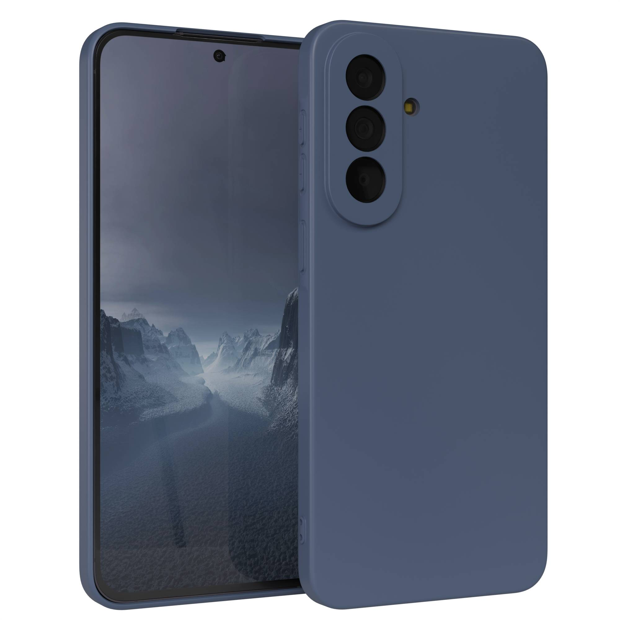 Ein blaues Smartphone mit drei Kameras und einer Berglandschaft auf dem Bildschirm.
