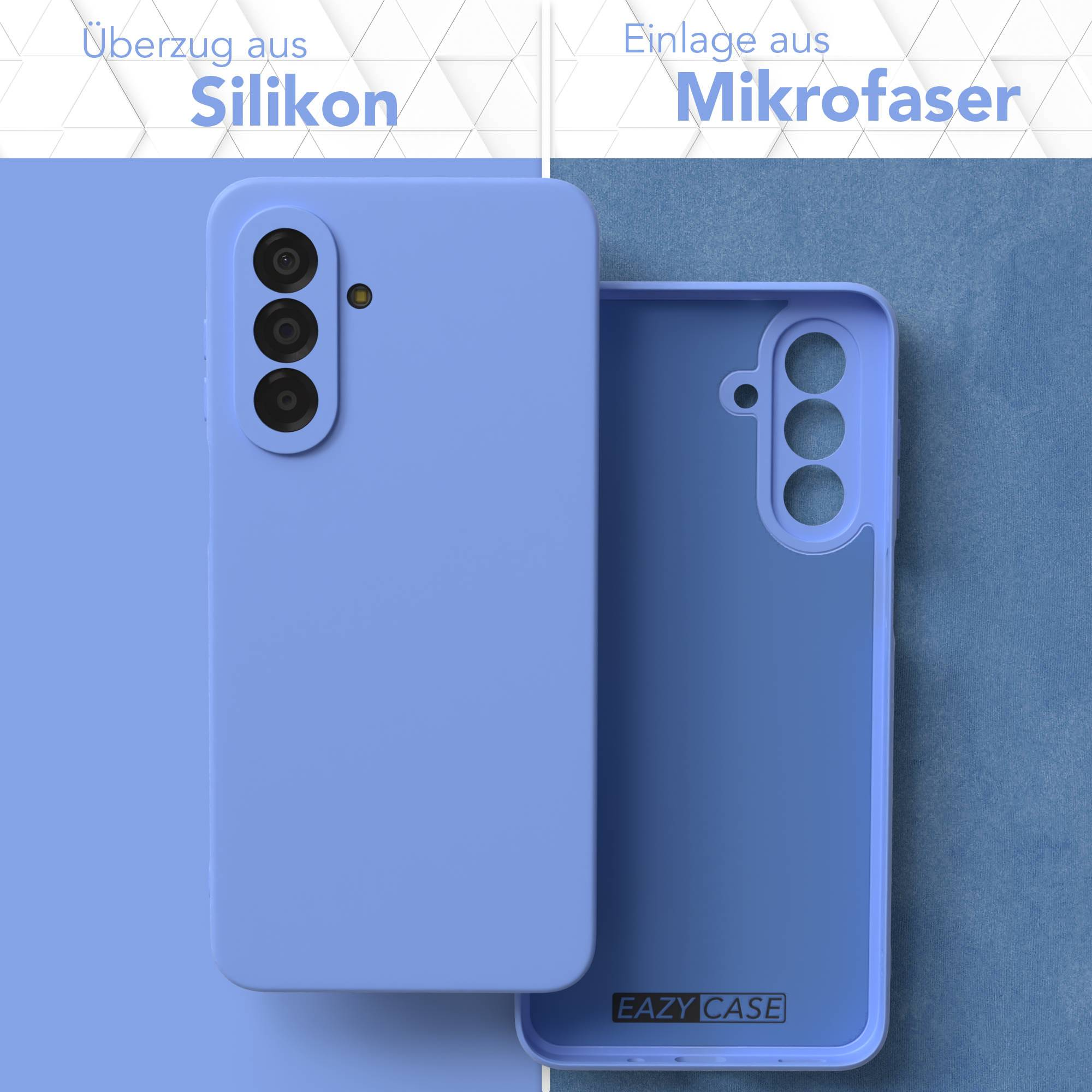 Ein lila Silikon-Handyhülle links, rechts eine lila Mikrofaser-Einlage.
