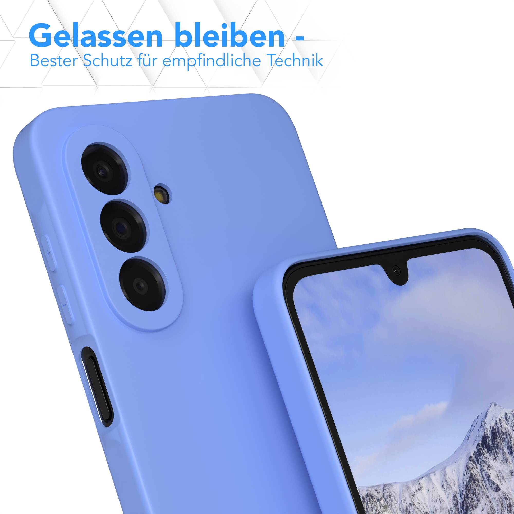Eine lilafarbene Handyhülle mit drei Kameras und Tasten.