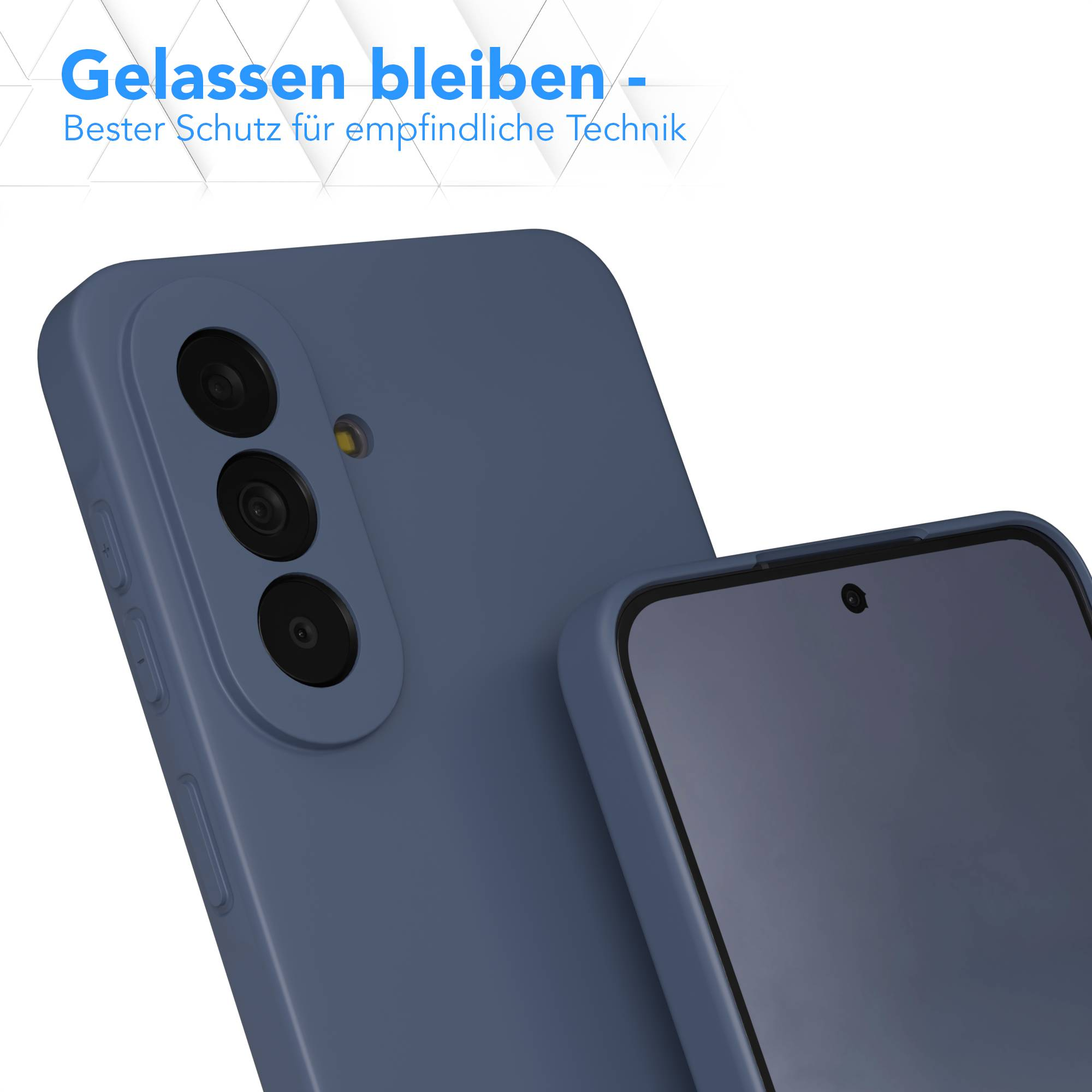 Eine blaue Handyhülle mit drei Kameras und einem Blitz. Das Display ist sichtbar.