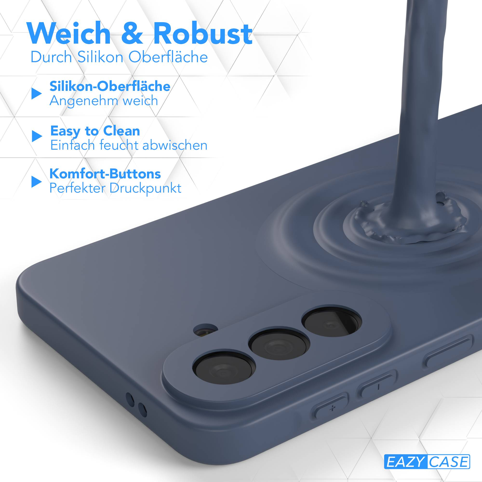 Ein graublaues Handycover mit Kameraausschnitt wird gezeigt. Flüssigkeit fließt über das Cover.