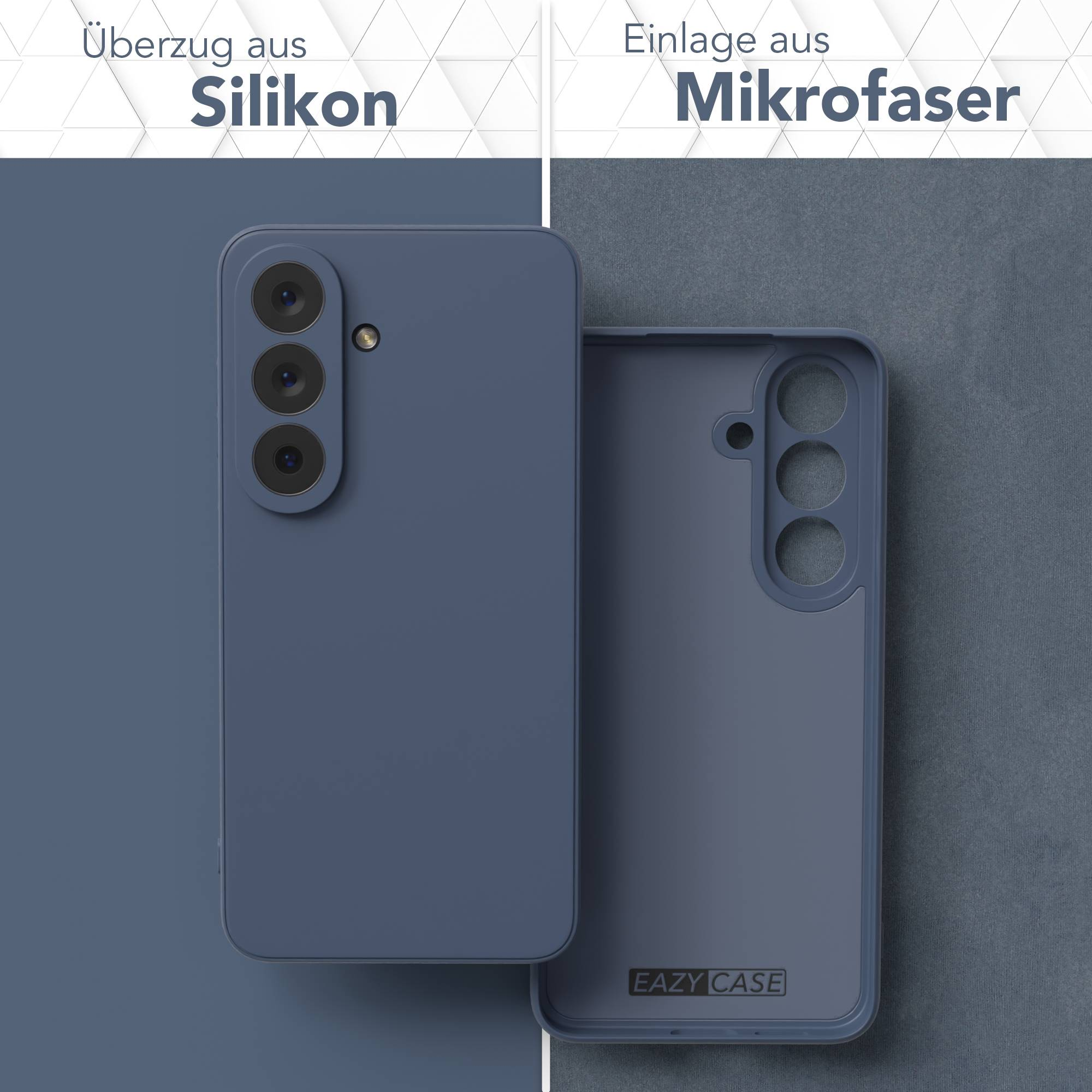 Blaue Handyhülle aus Silikon und Mikrofaser, Vorder- und Rückseite.