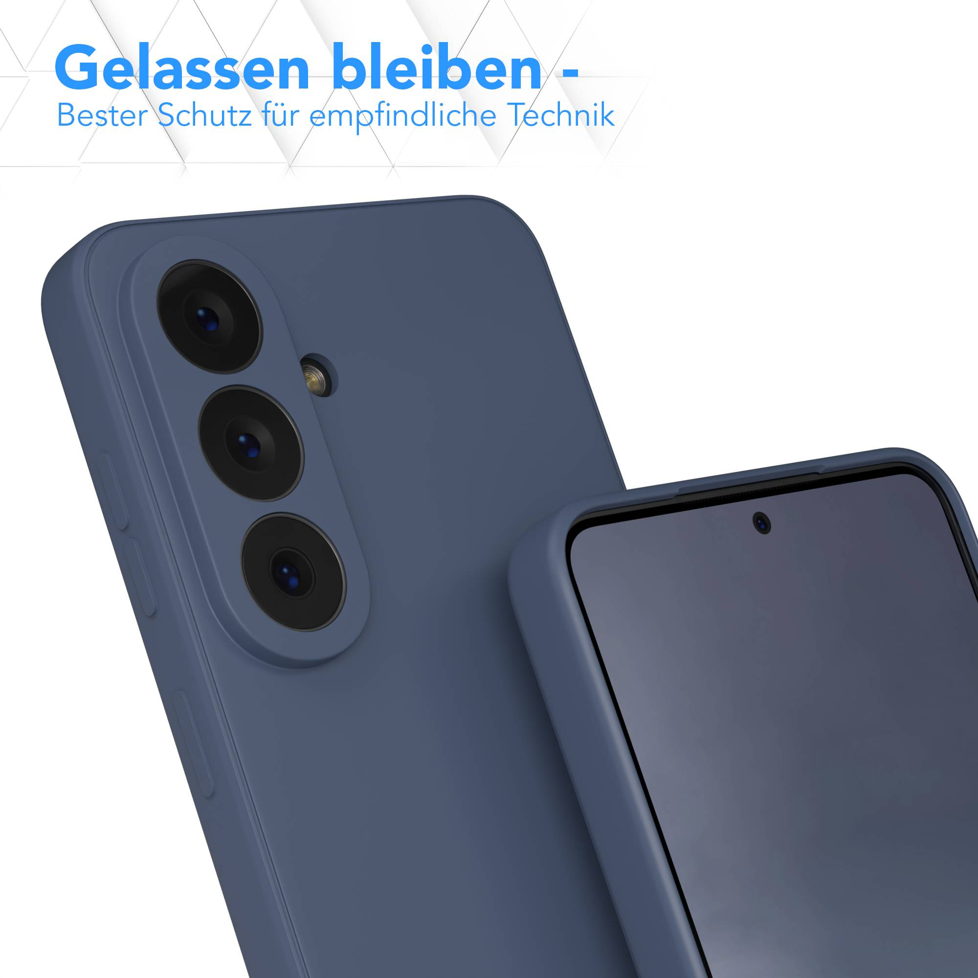 Dunkelblaue Handyhülle mit drei Kameras und einem Displayschutz.