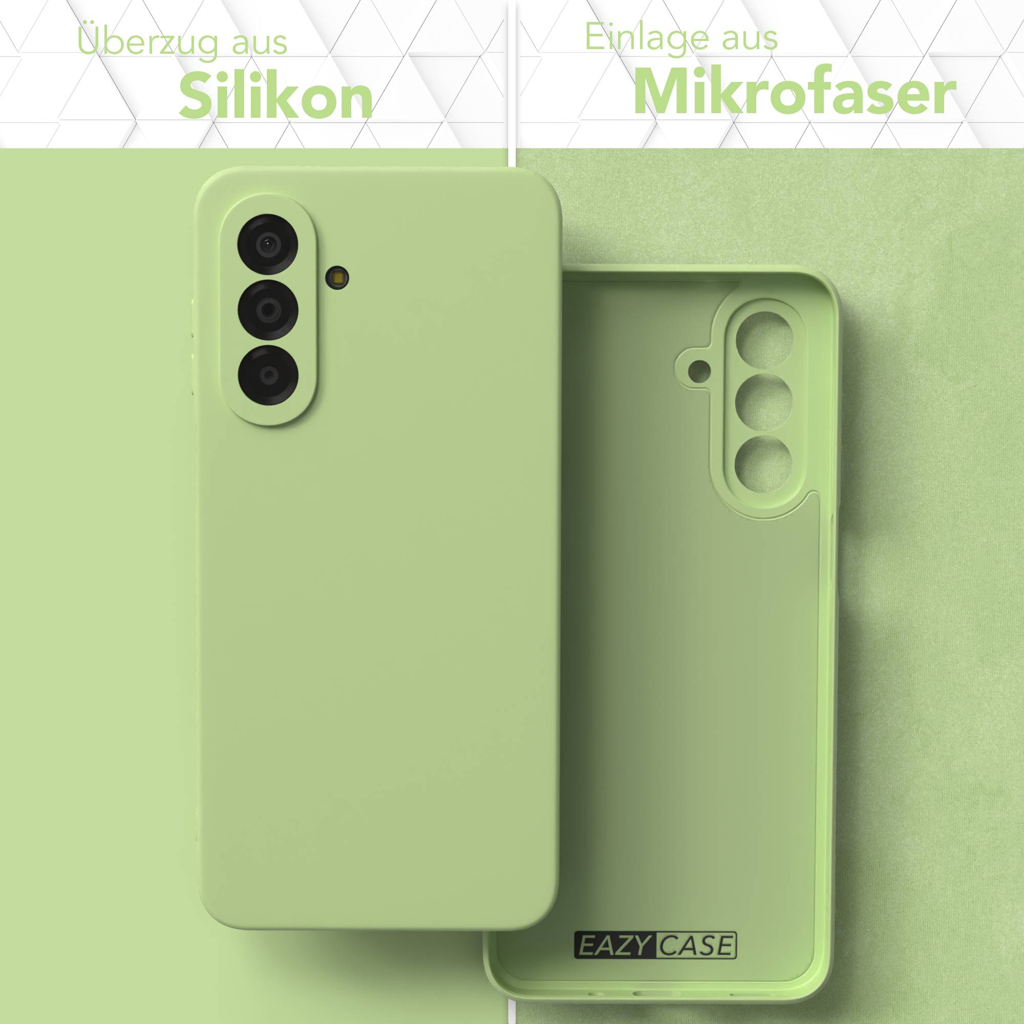 Zwei hellgrüne Handyhüllen, eine aus Silikon, die andere aus Mikrofaser.