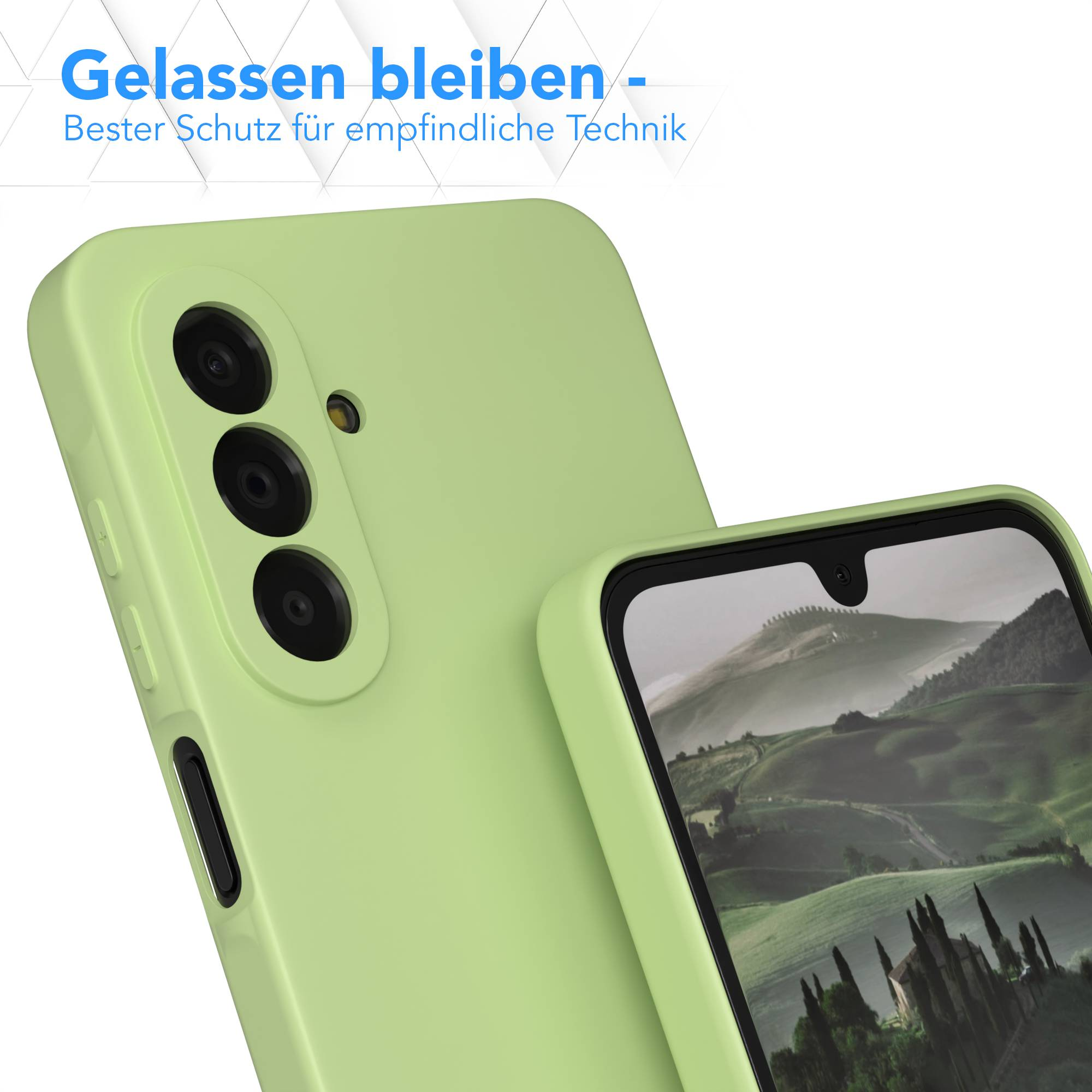Eine hellgrüne Handyhülle mit Kameramodul und Display wird gezeigt.