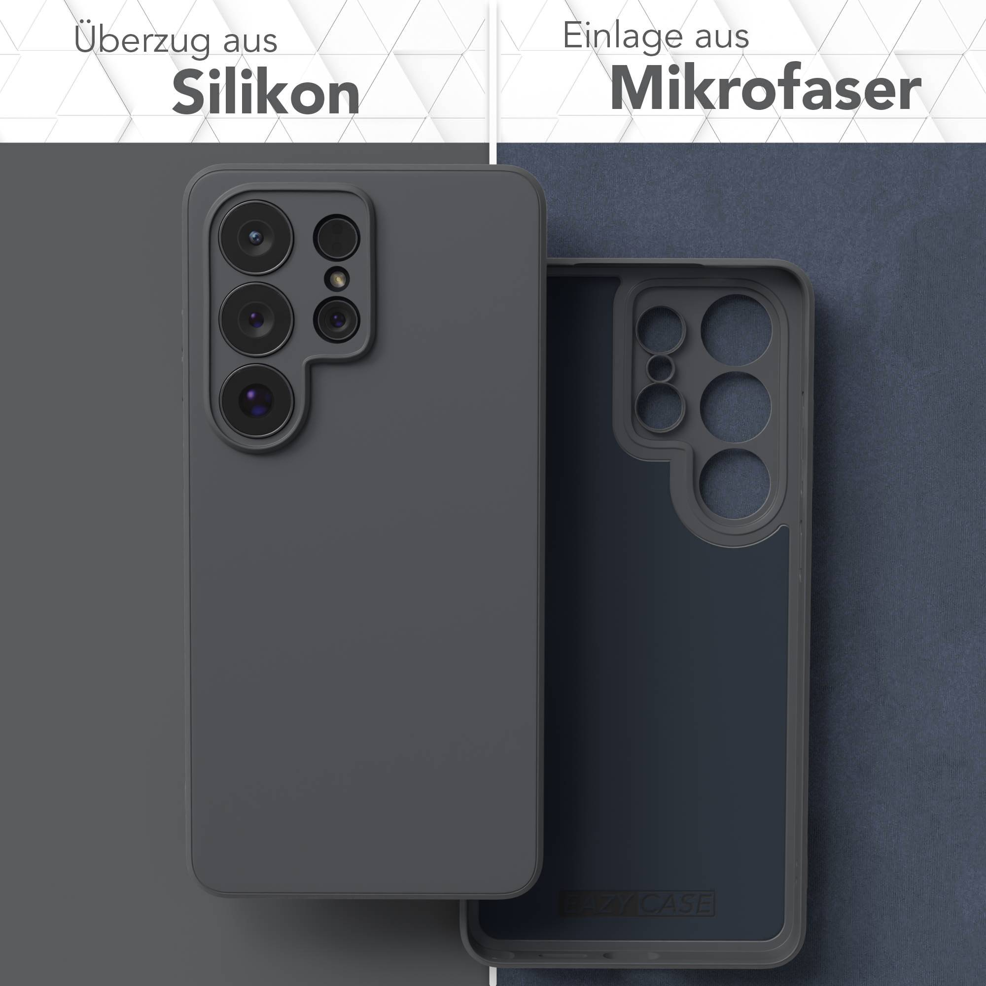 Graue Handyhülle aus Silikon und eine Einlage aus Mikrofaser.