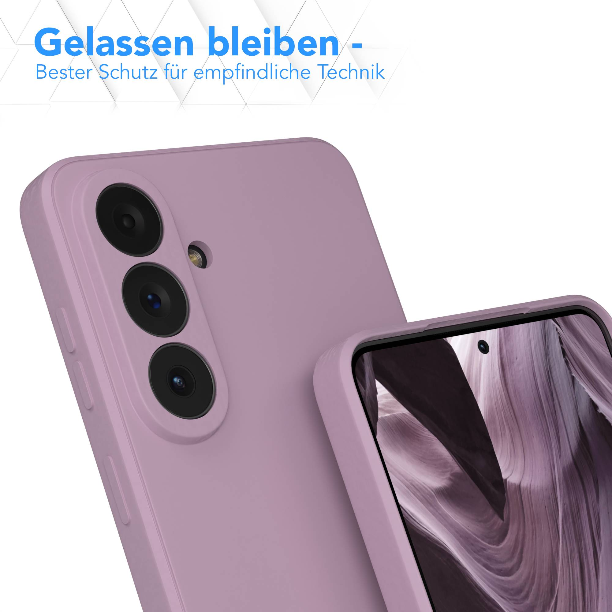 Lila Handyhülle mit drei Kameralinsen und einem Teil des Bildschirms.