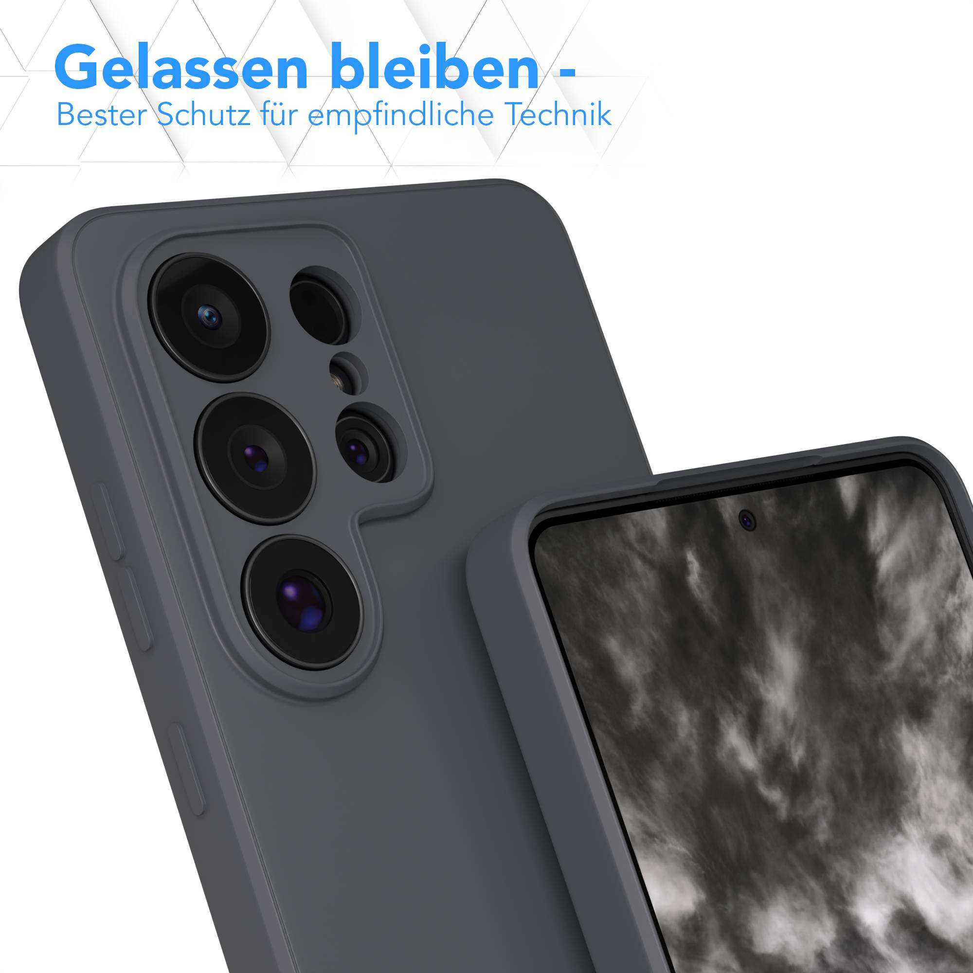 Graue Handyhülle mit Kameralinsen und Bildschirm.