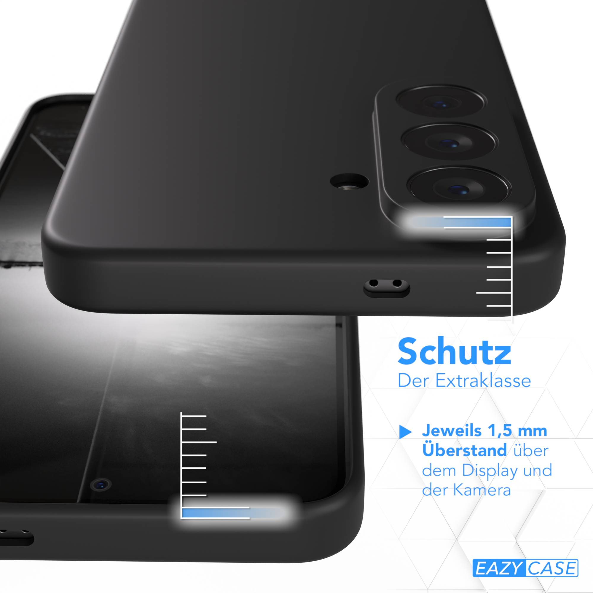 Schwarzes Handycase mit Kamera- und Display-Schutz. Logo EAZY CASE.