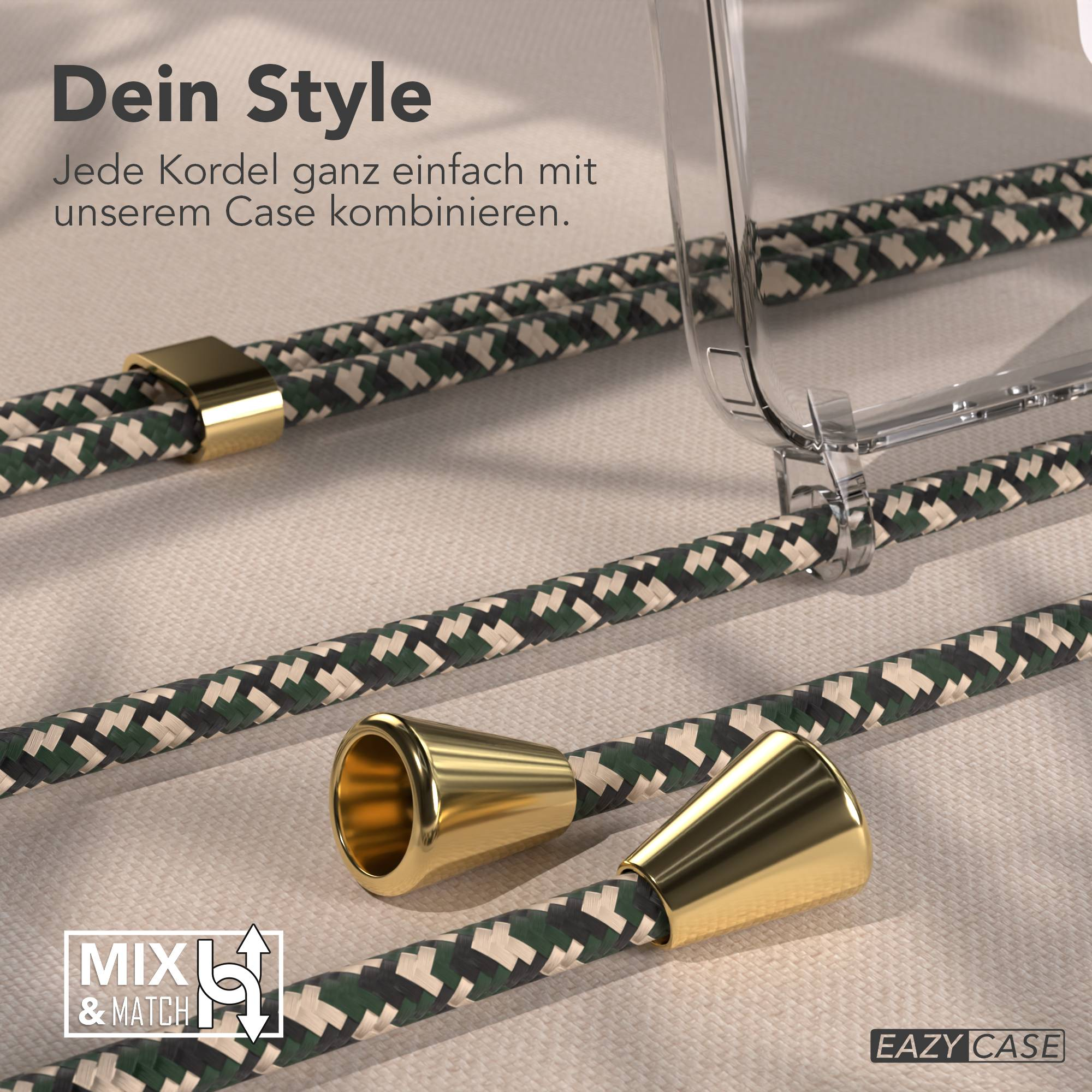 Kamouflage-Kordel mit goldenen Beschlägen und transparentem Handyhülle.
