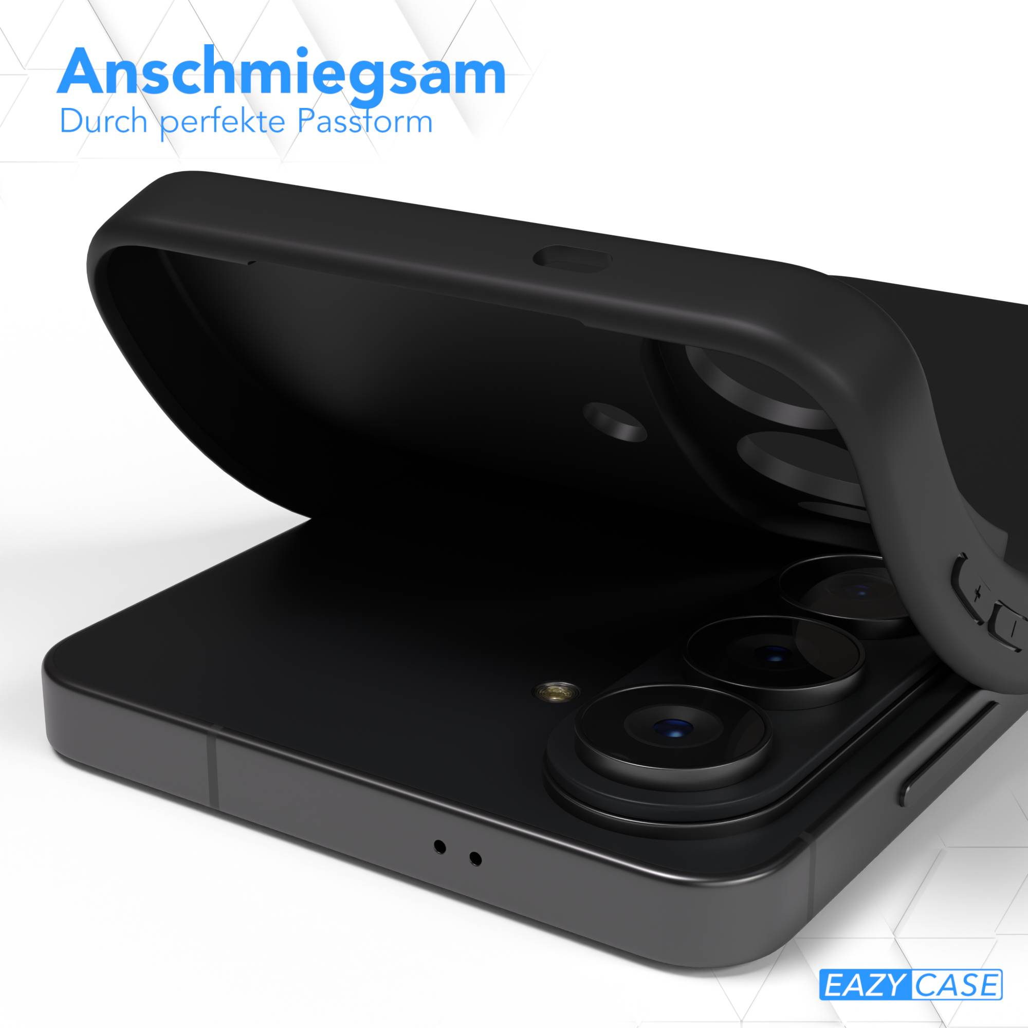 Schwarze Handyhülle über einem Smartphone mit drei Kameras.