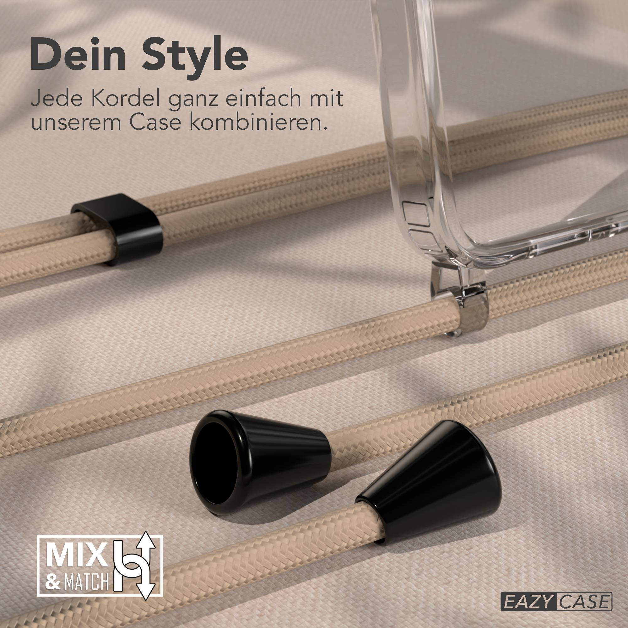 Ein transparentes Handycase mit beigefarbenen Kordeln und schwarzen Endkappen.