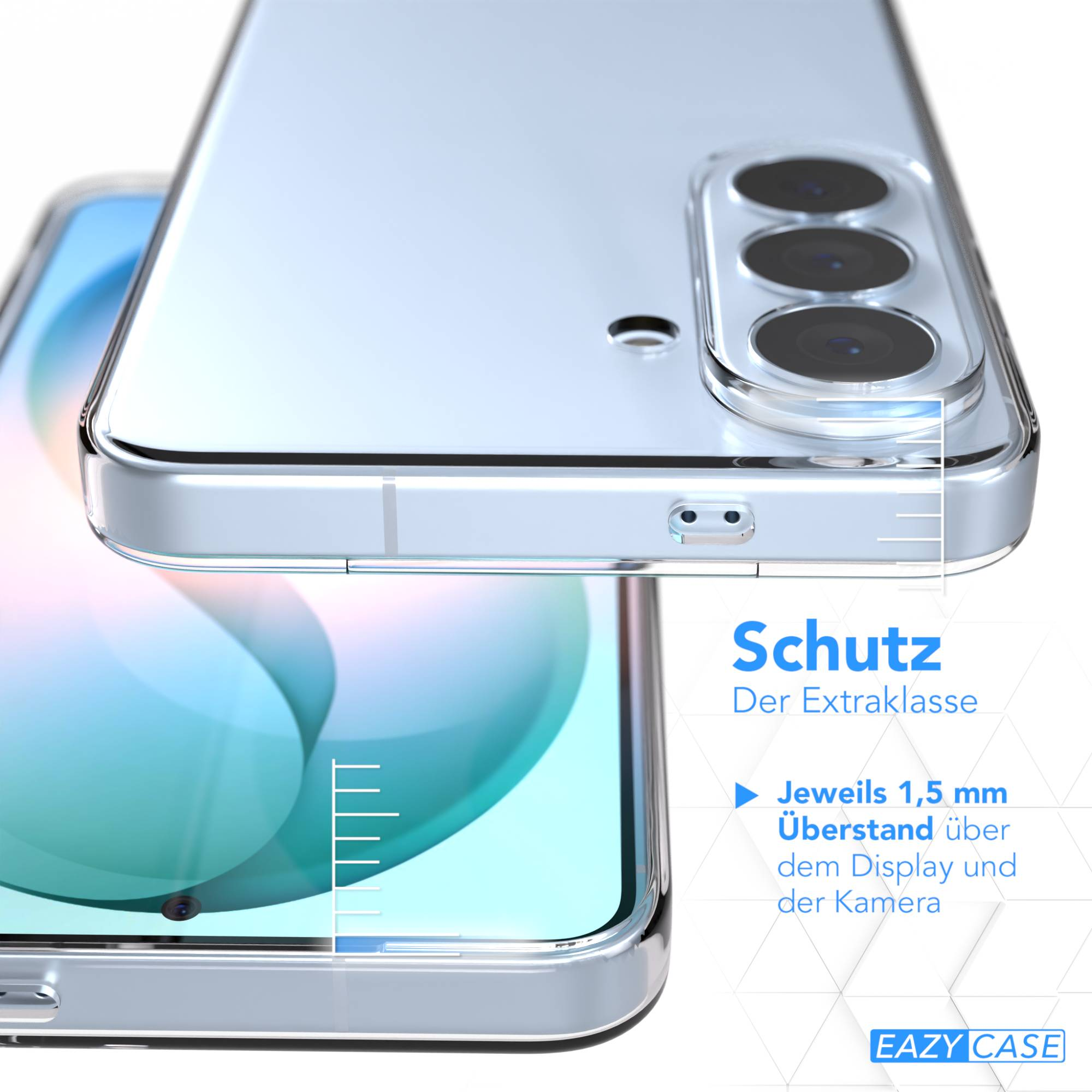 Ein transparentes Handycover mit Kamera-Schutz und Text.