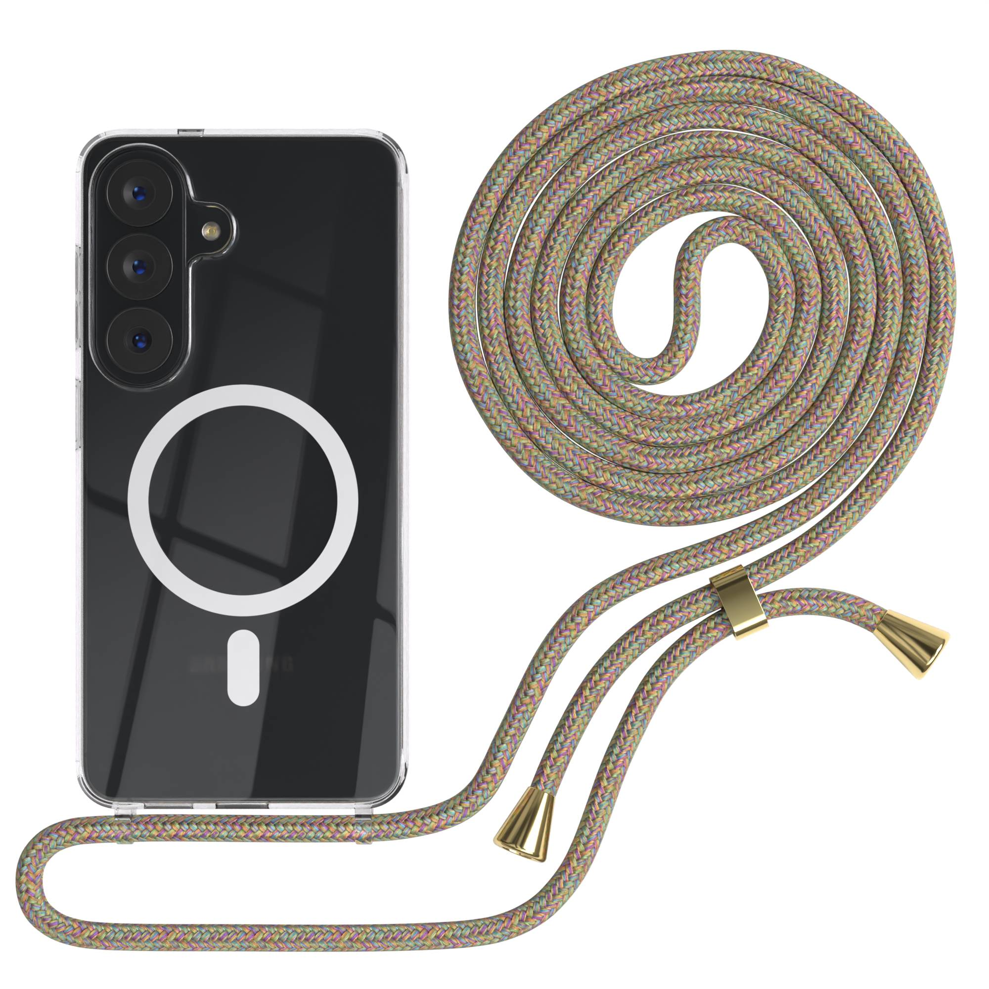 Ein transparentes Handyhülle mit Magnetring und einem bunten Band.