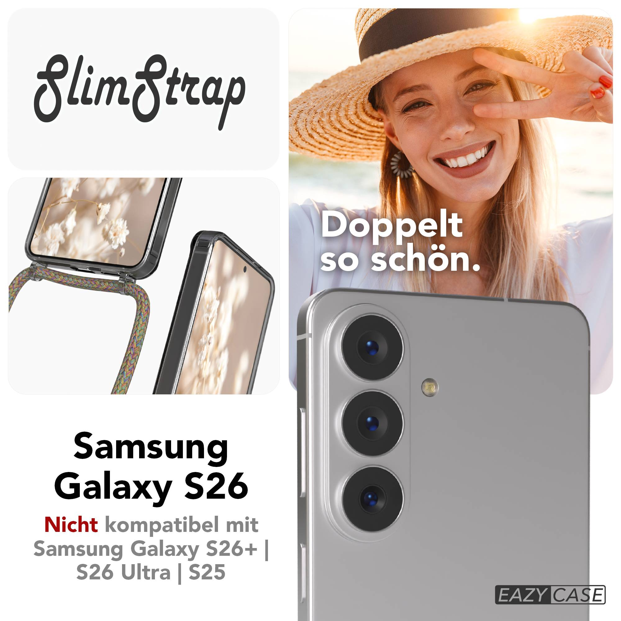 Samsung Galaxy S26 mit SlimStrap. Eine Frau mit Hut lächelt. Nicht kompatibel mit S26+.