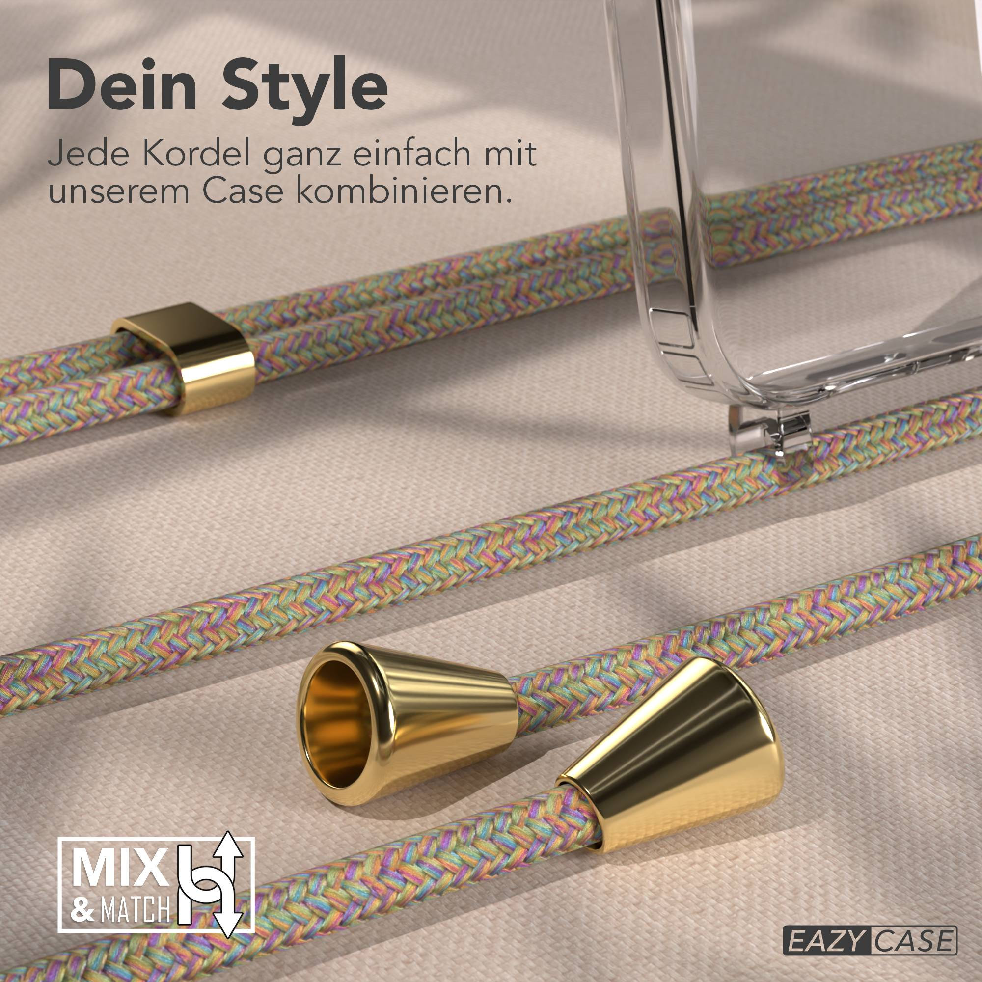 Bunte Kordel mit goldenen Beschlägen und transparentem Handyhülle.