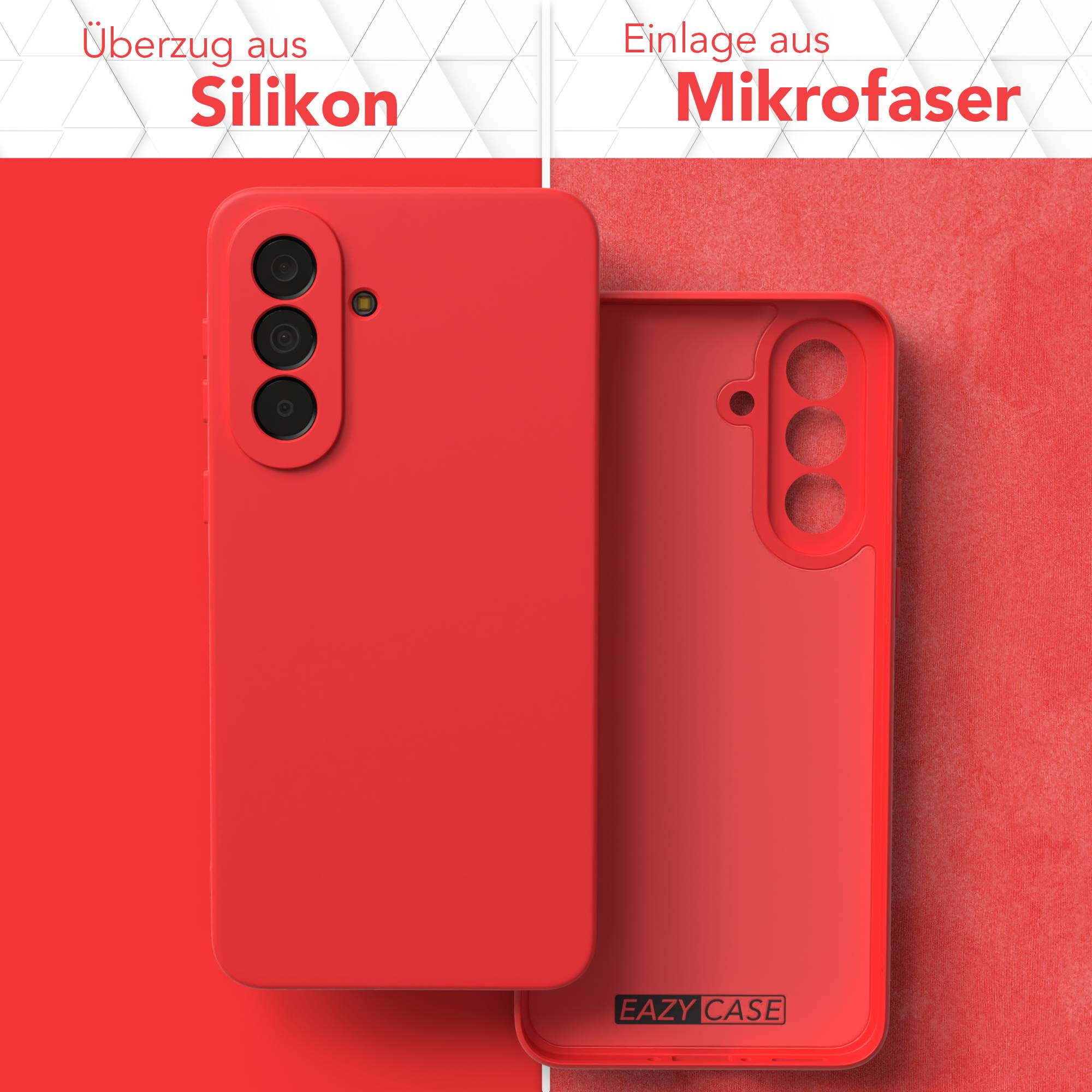 Zwei rote Handyhüllen nebeneinander: Silikon links, Mikrofaser rechts.