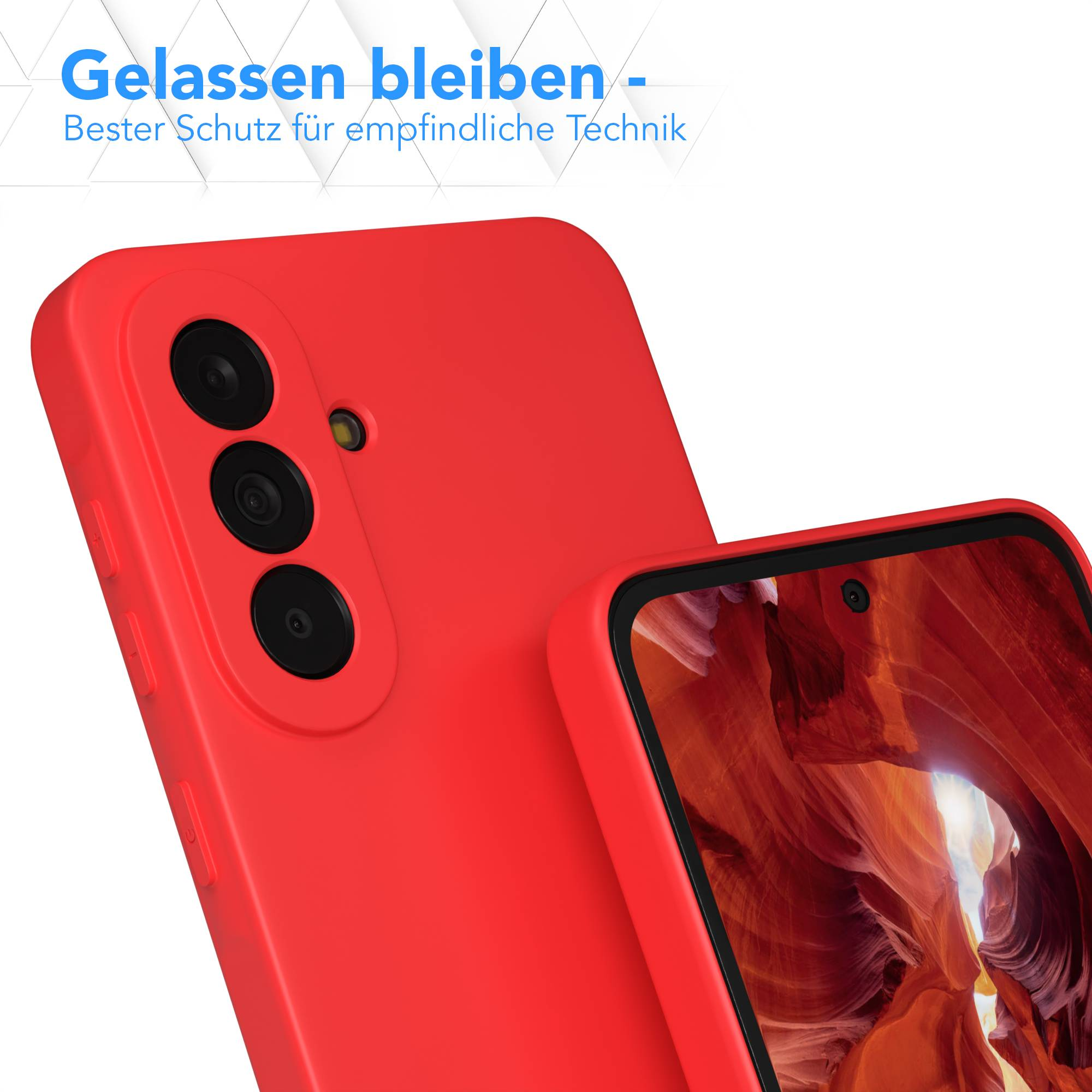Rote Handyhülle mit Kameralinsen und Display, das eine Schluchtenlandschaft zeigt.