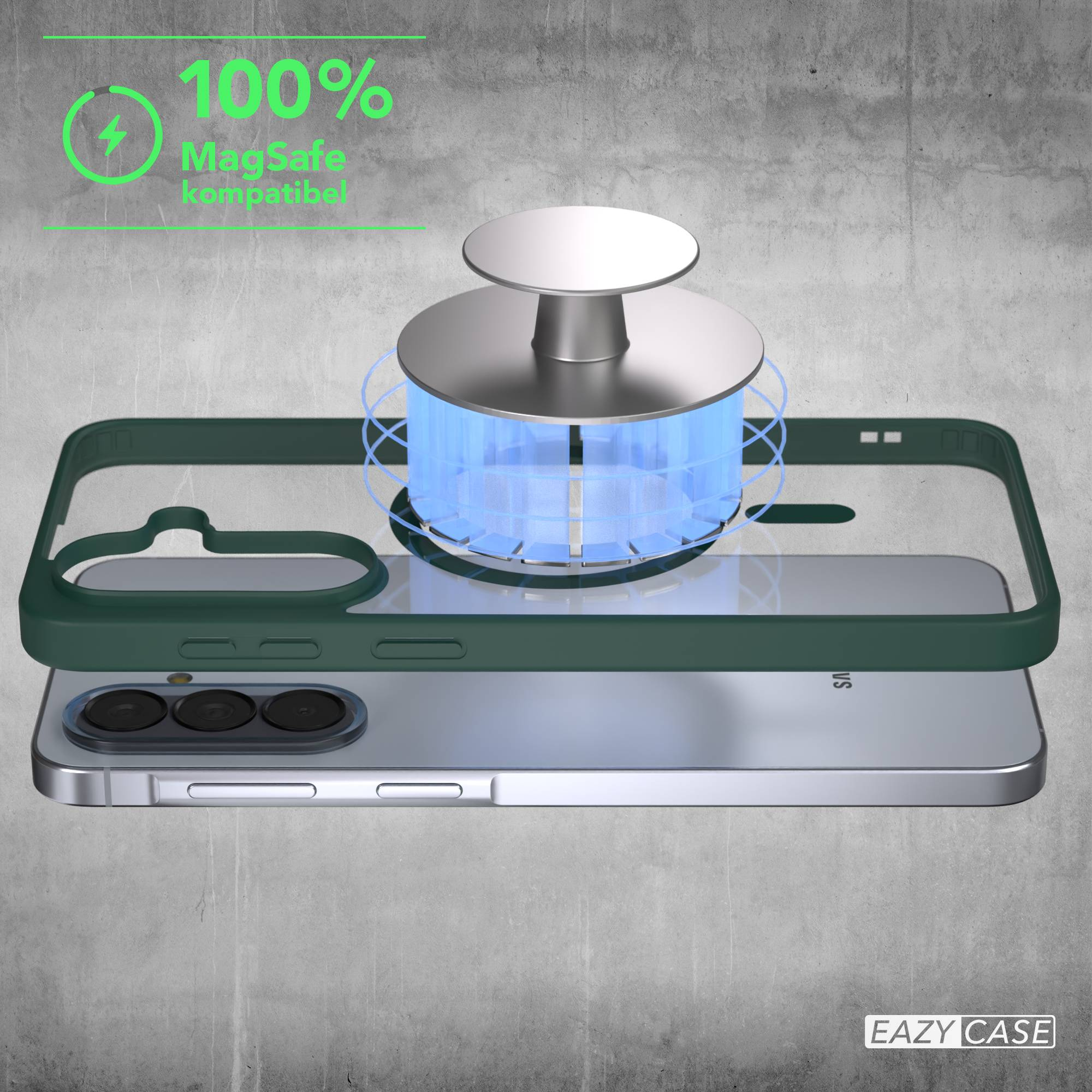 Grüne Handyhülle mit MagSafe-Kompatibilität und einem Lade-Symbol.