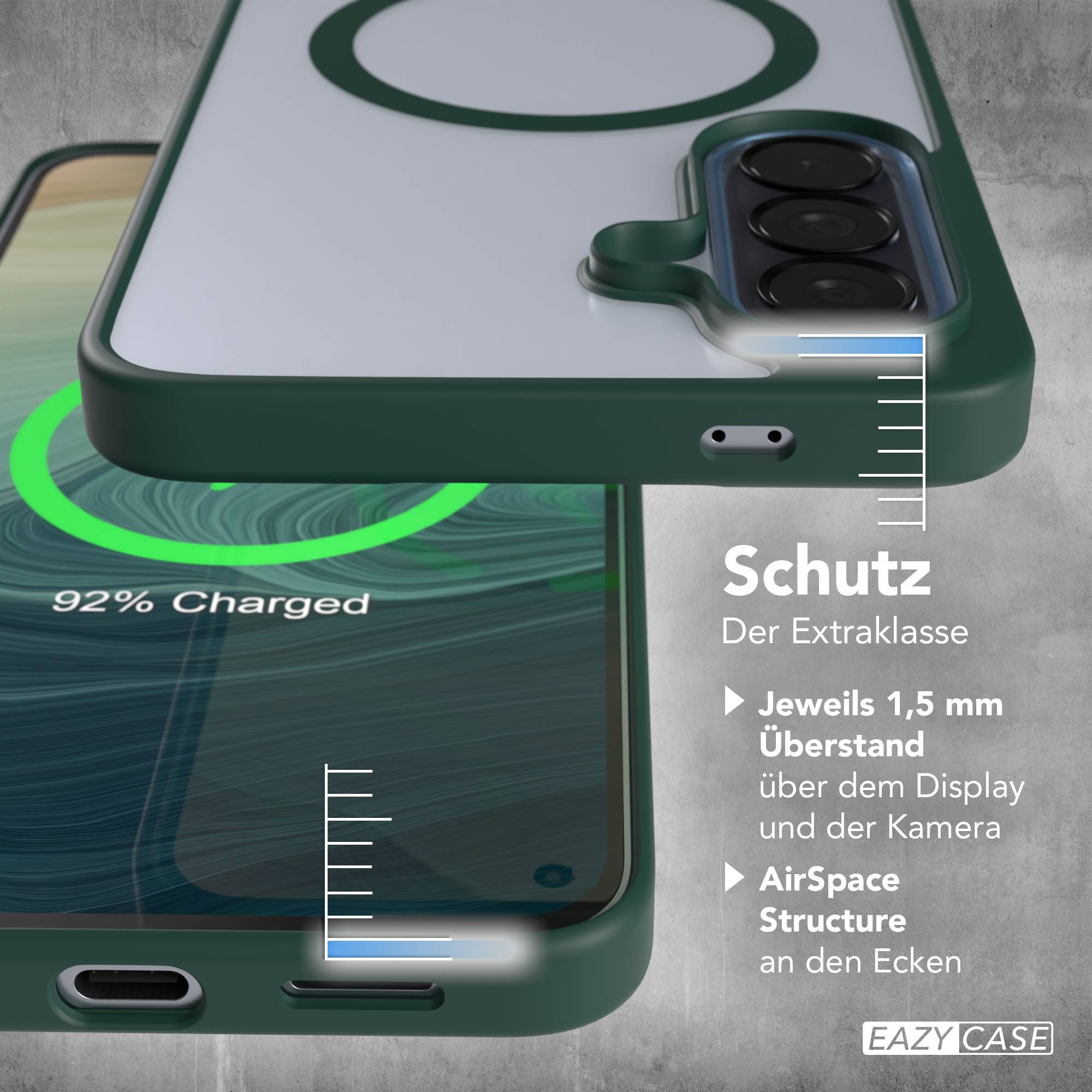 Dunkelgrüne Handyhülle mit Kamera- und Display-Schutz. Lädt mit 92%.