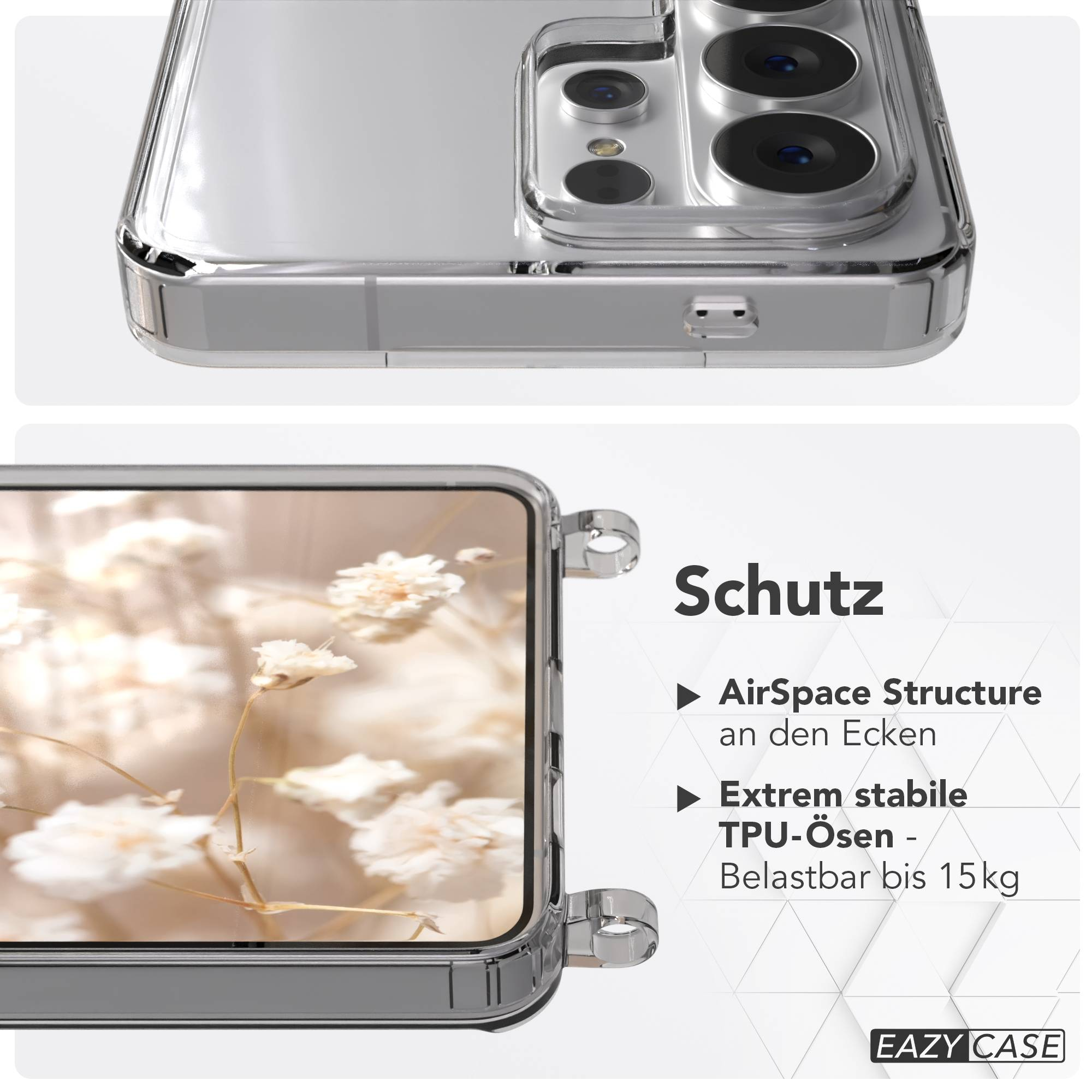 Transparente Handyhülle mit Kameraansicht und floralem Hintergrund.