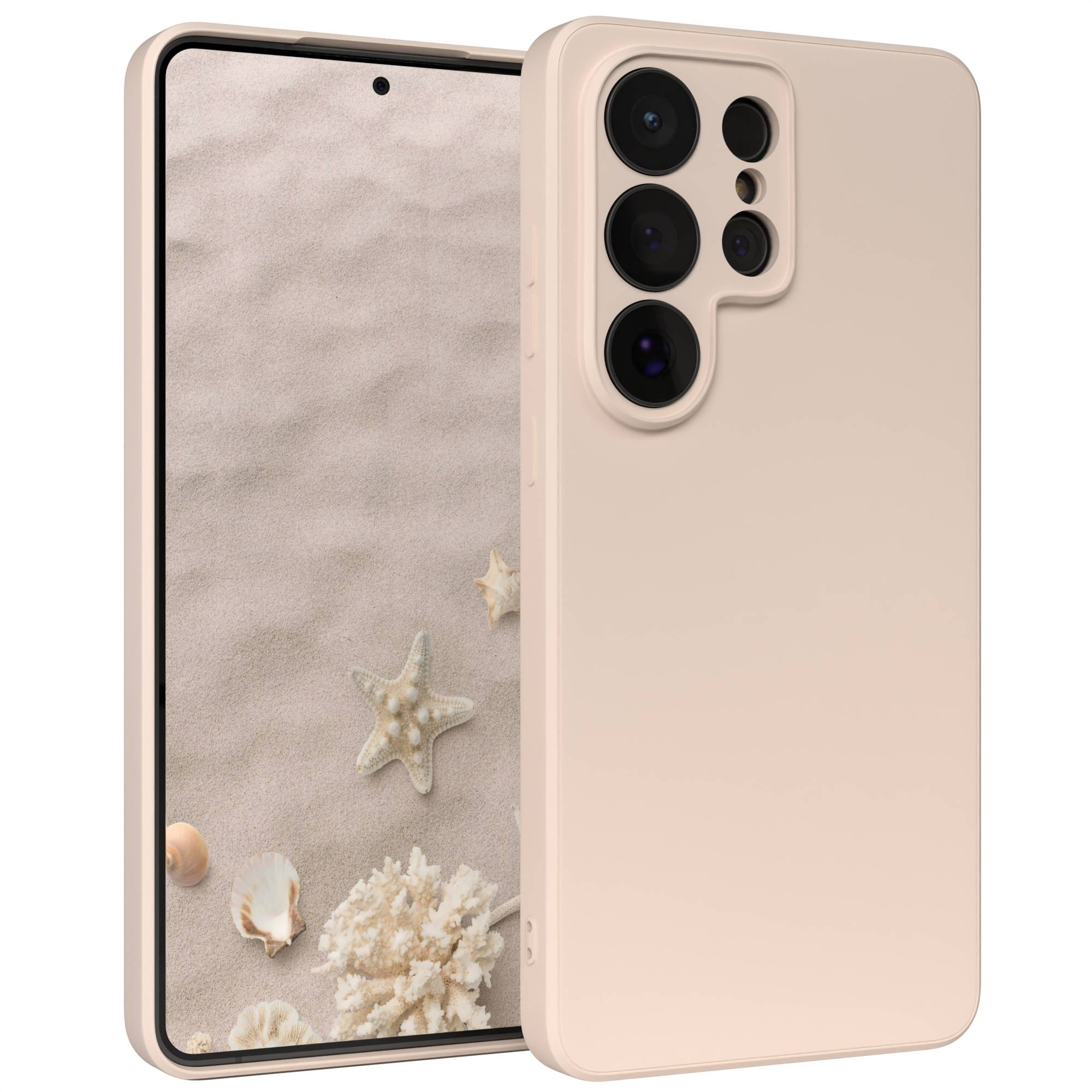 Eine beige Handyhülle mit Kamerabeule neben einem Handy, das eine Strandszene mit Muscheln zeigt.