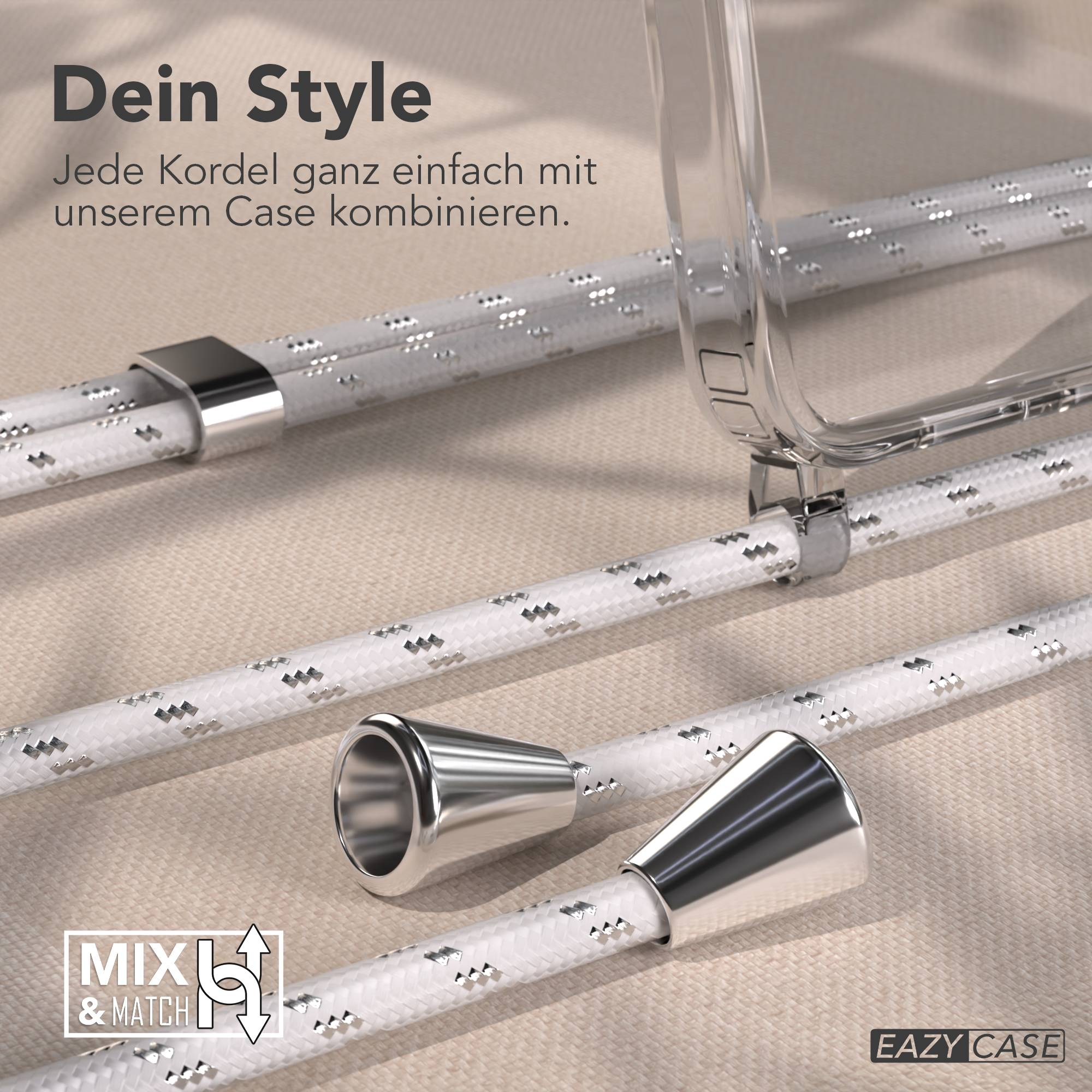 Weiße Kordeln mit silbernen Akzenten und einem transparenten Handyhülle-Detail.