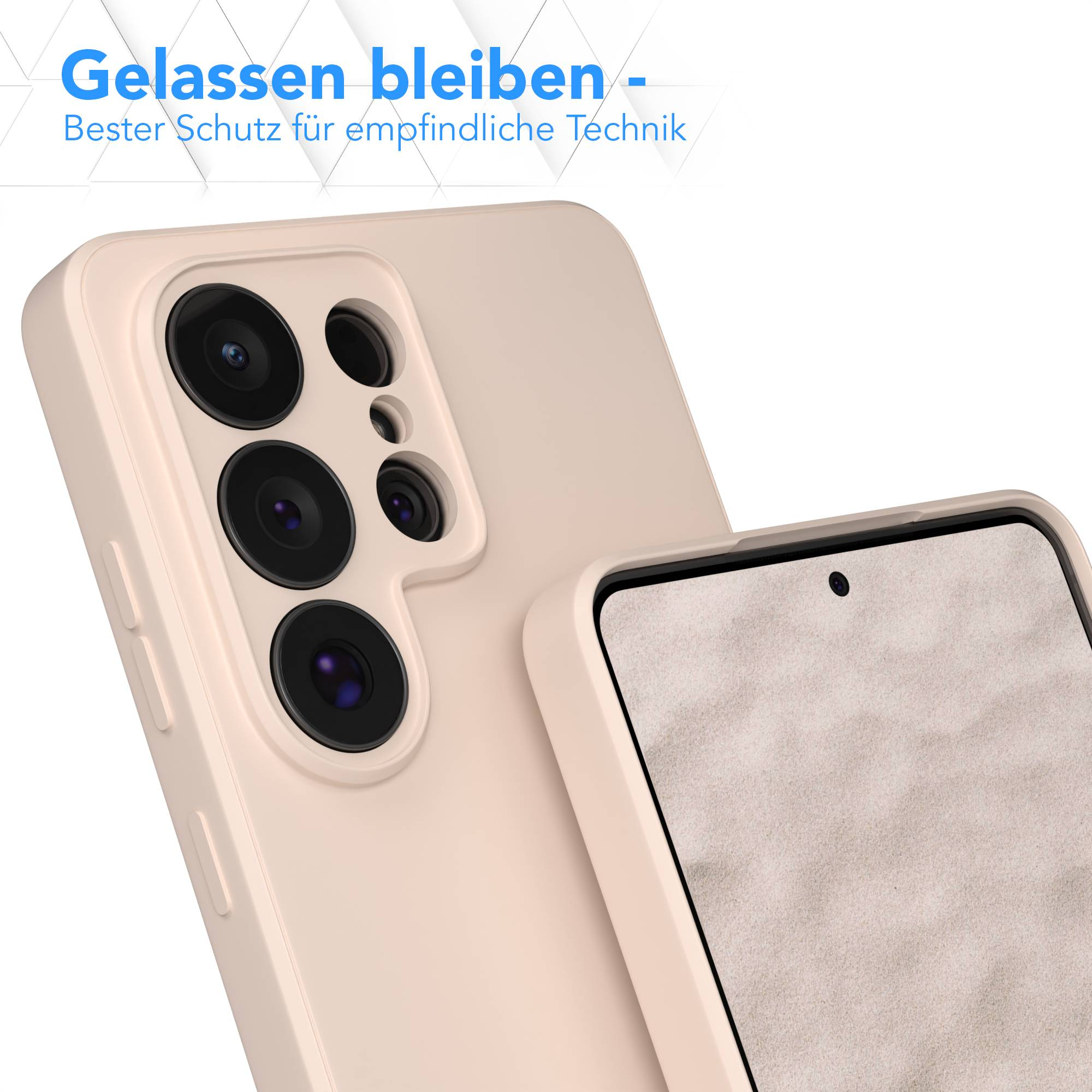 Eine beige Handyhülle mit Kameramodul und Displayschutzfolie.