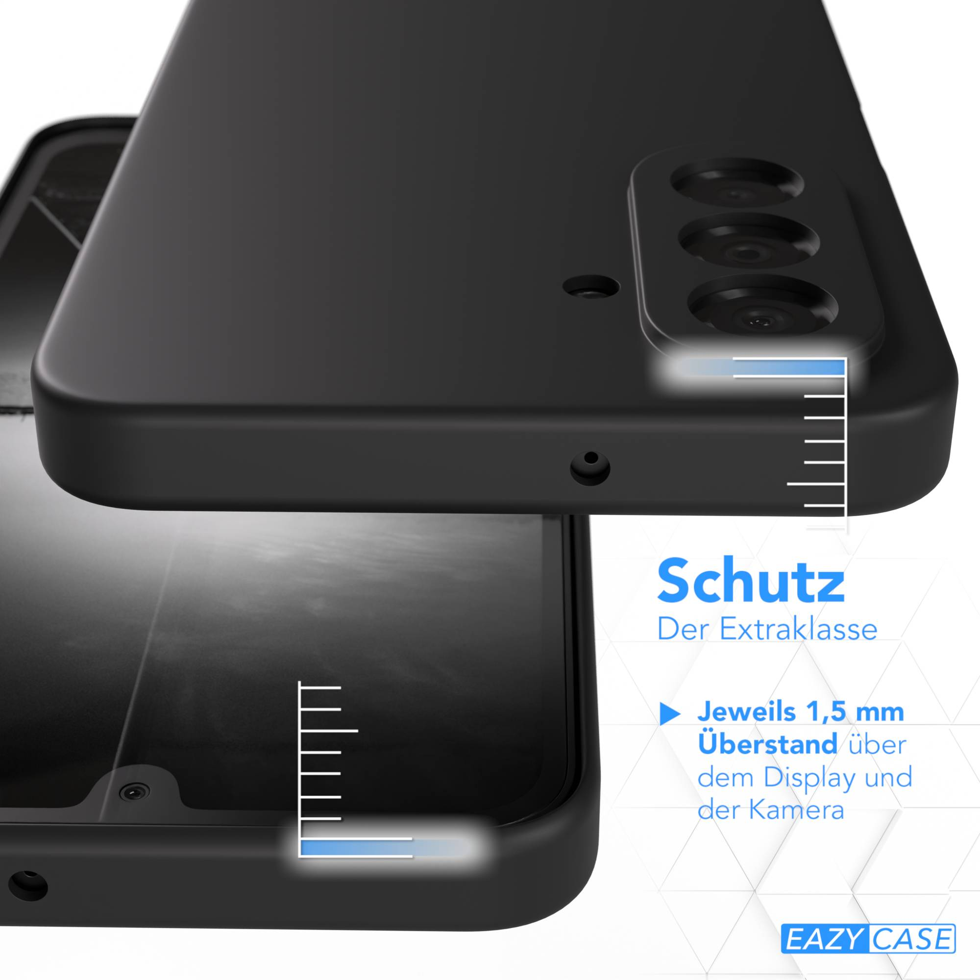 Schwarzes Smartphone mit Schutzhülle, die 1,5 mm übersteht.