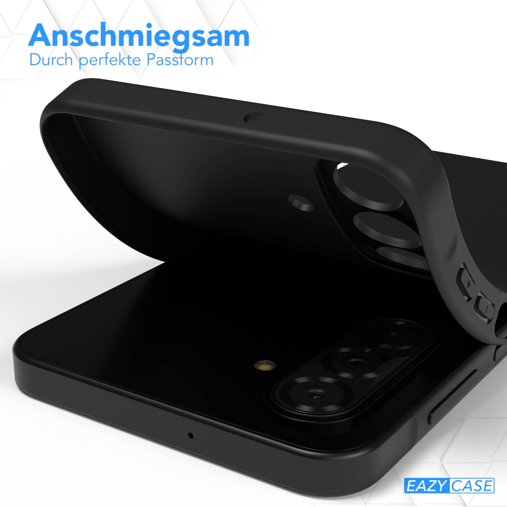 Schwarze Handyhülle, die auf ein Handy gelegt wird, mit Text.