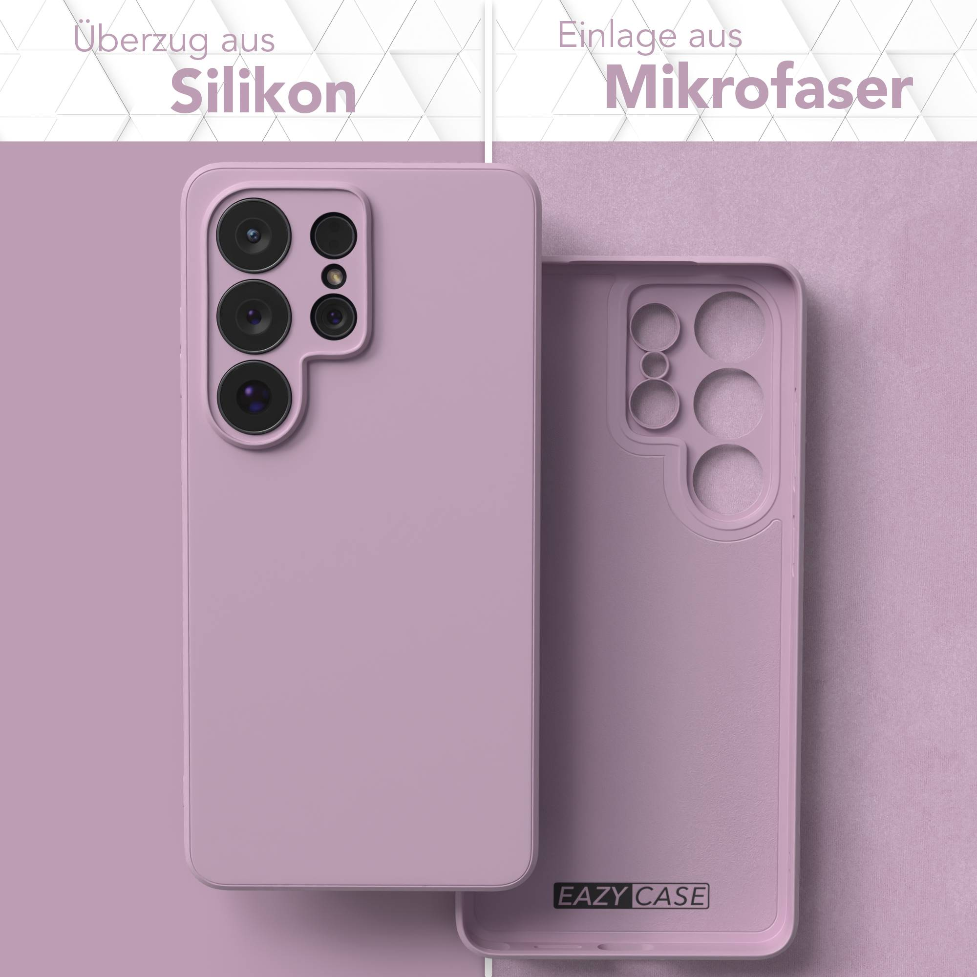 Zwei Handyhüllen in Lila. Links eine Silikonhülle, rechts eine Mikrofaserhülle.