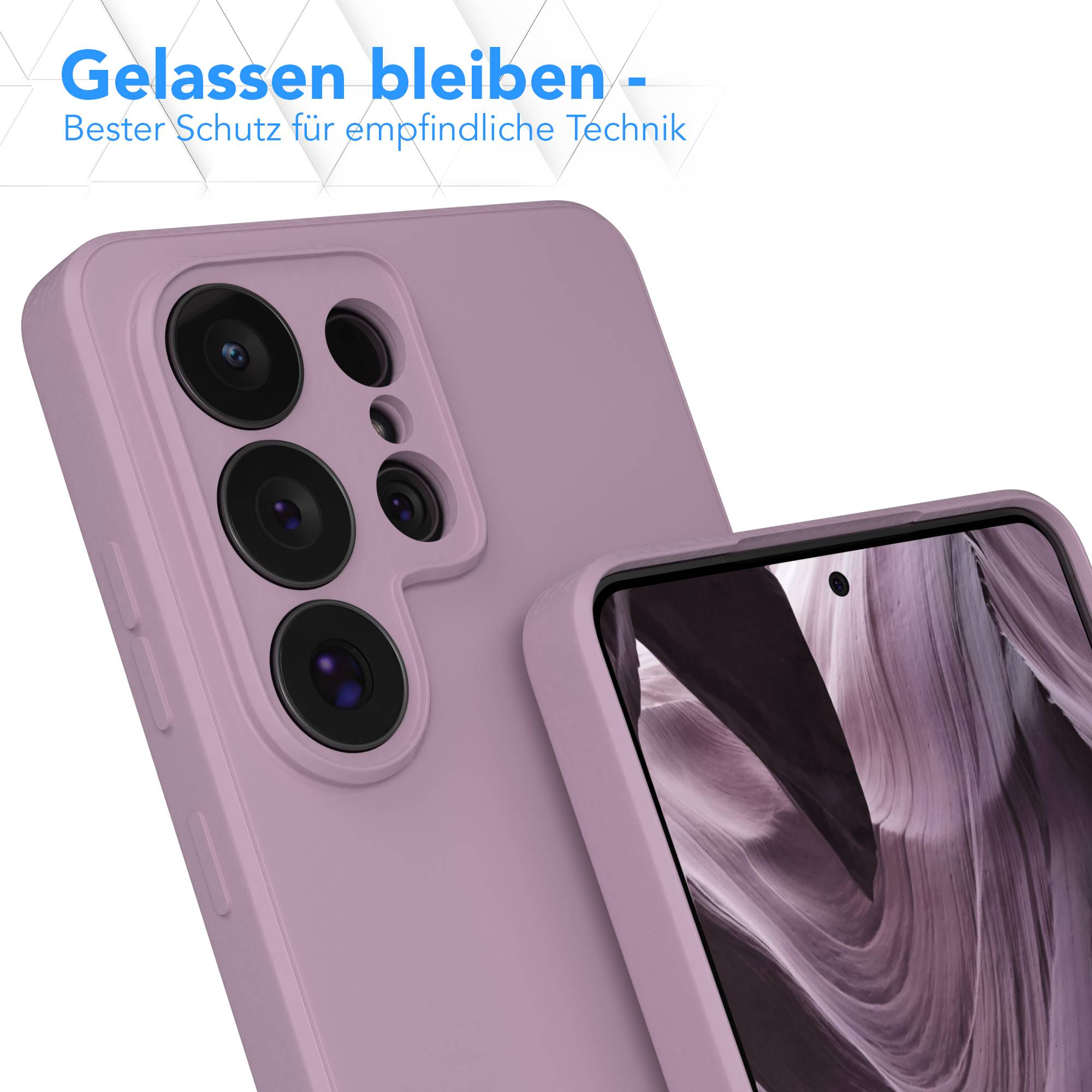 Lila Handyhülle mit Kameraöffnung und einem Teil des Displays.