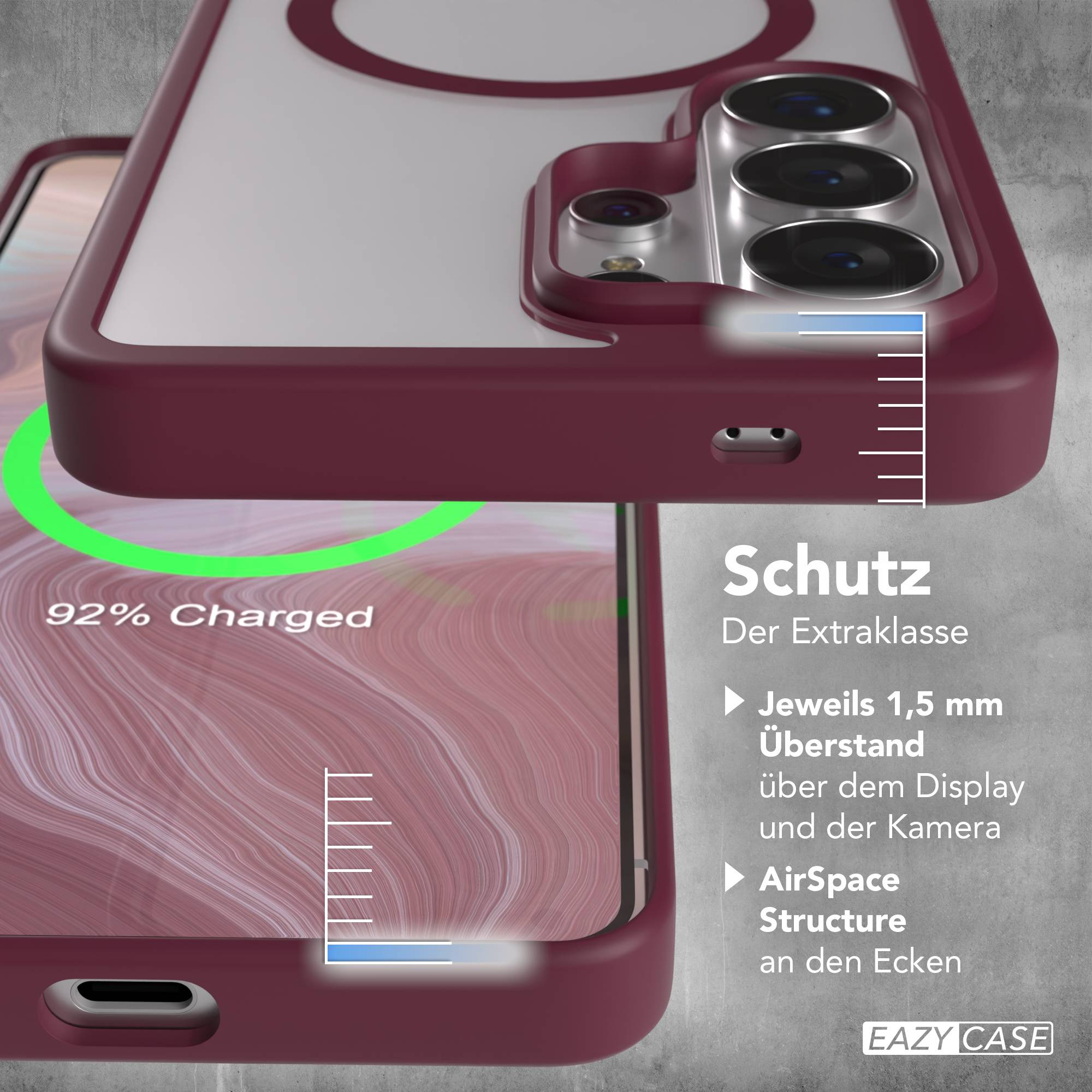 Ein dunkelrotes Handycase mit Kamera-Ausschnitt und Ladeanzeige 92%.
