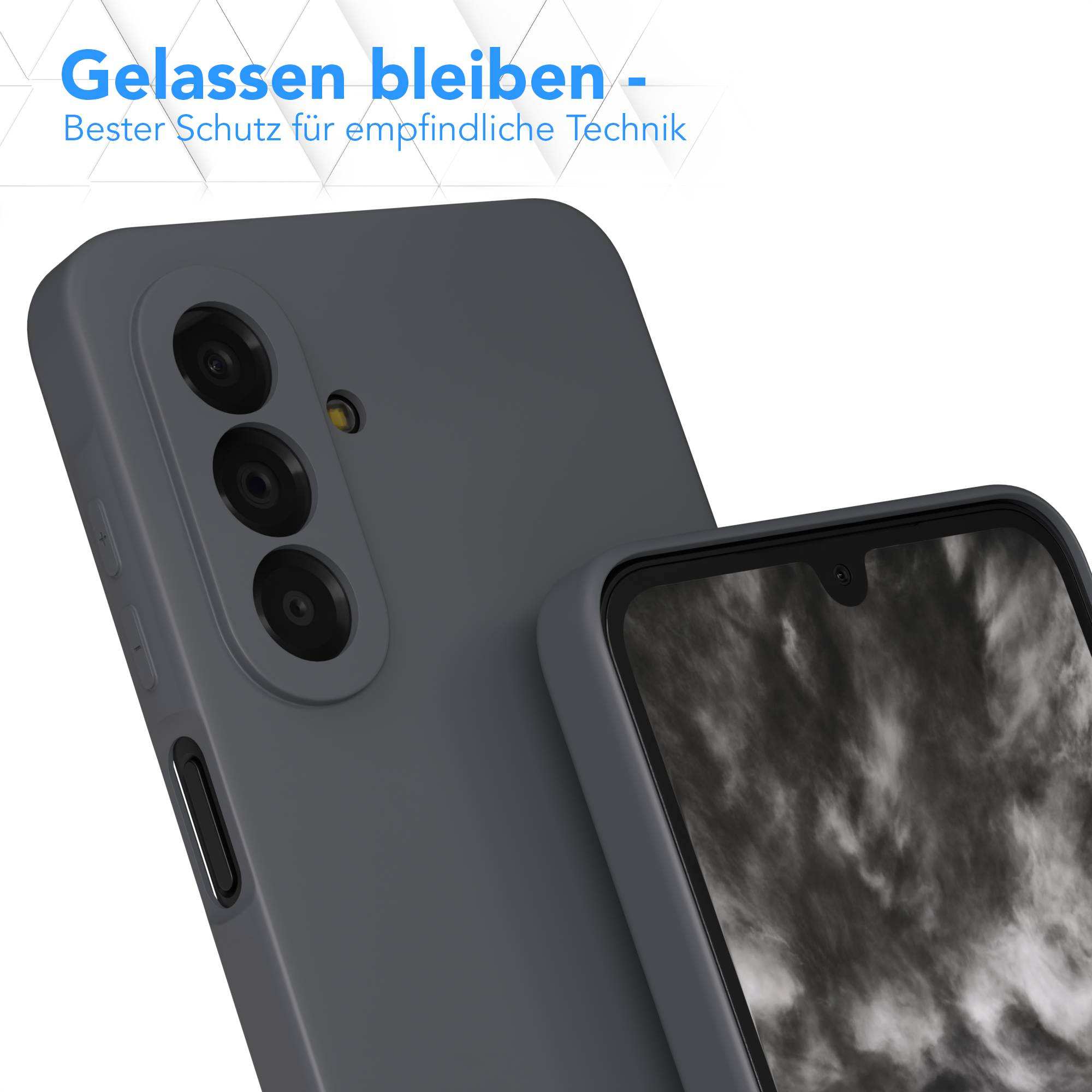 Graue Handyhülle mit drei Kameras und Bildschirm. Text: Gelassen bleiben.