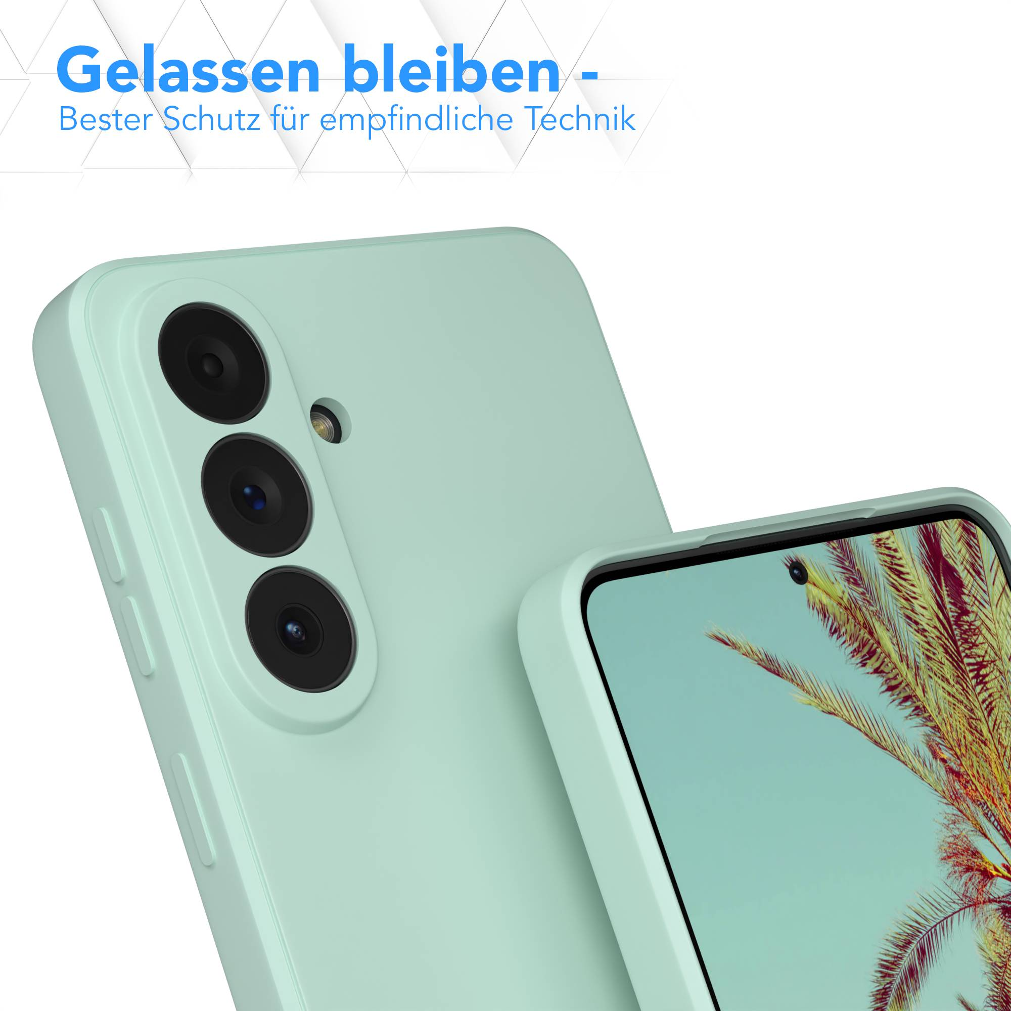 Ein mintgrünes Handy mit drei Kameras und Bildschirmanzeige.