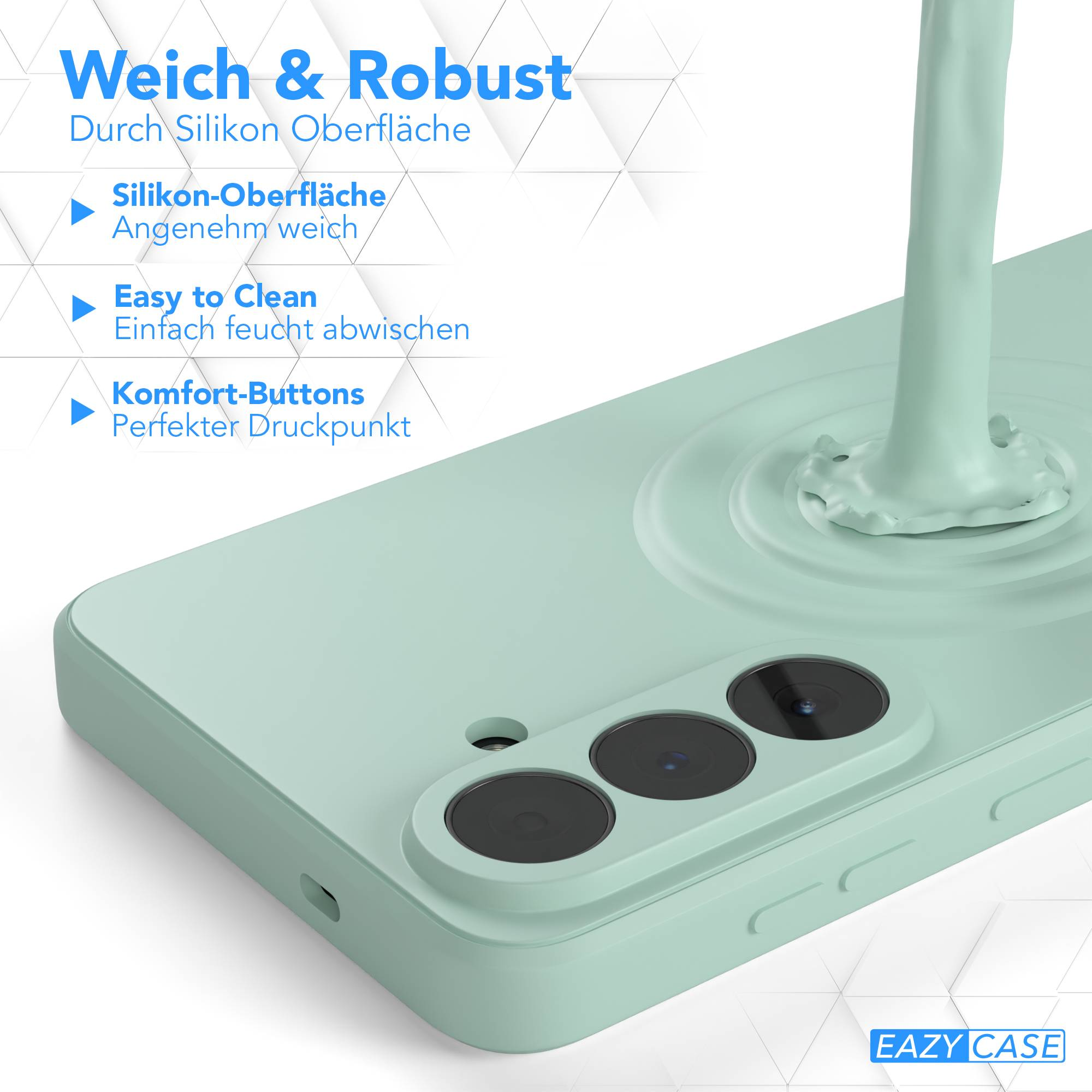 Ein hellgrünes Smartphone mit Kameraobjektiven und flüssigem Material.