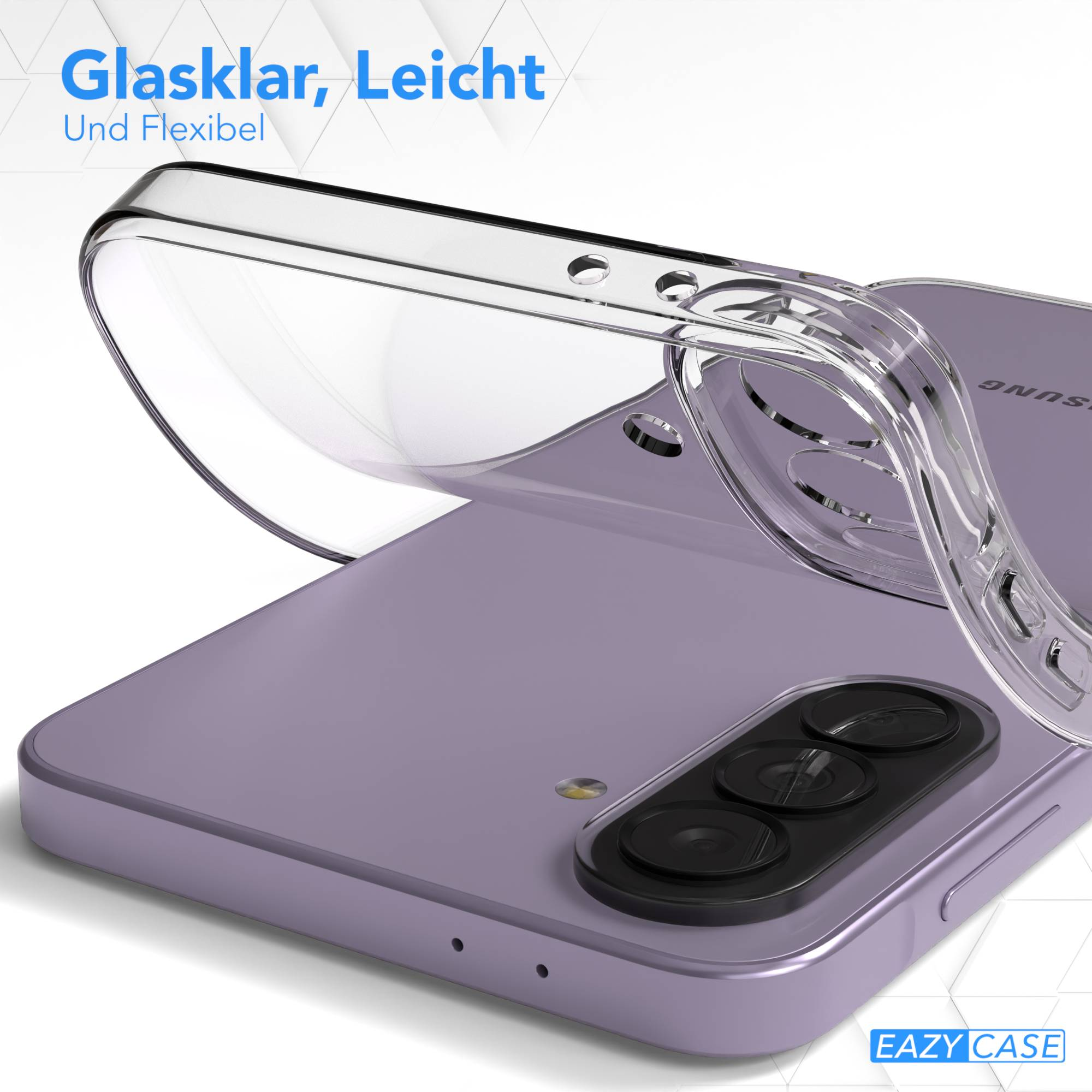 Ein durchsichtiger Handytart über einem lila Smartphone mit Kameraobjektiven.