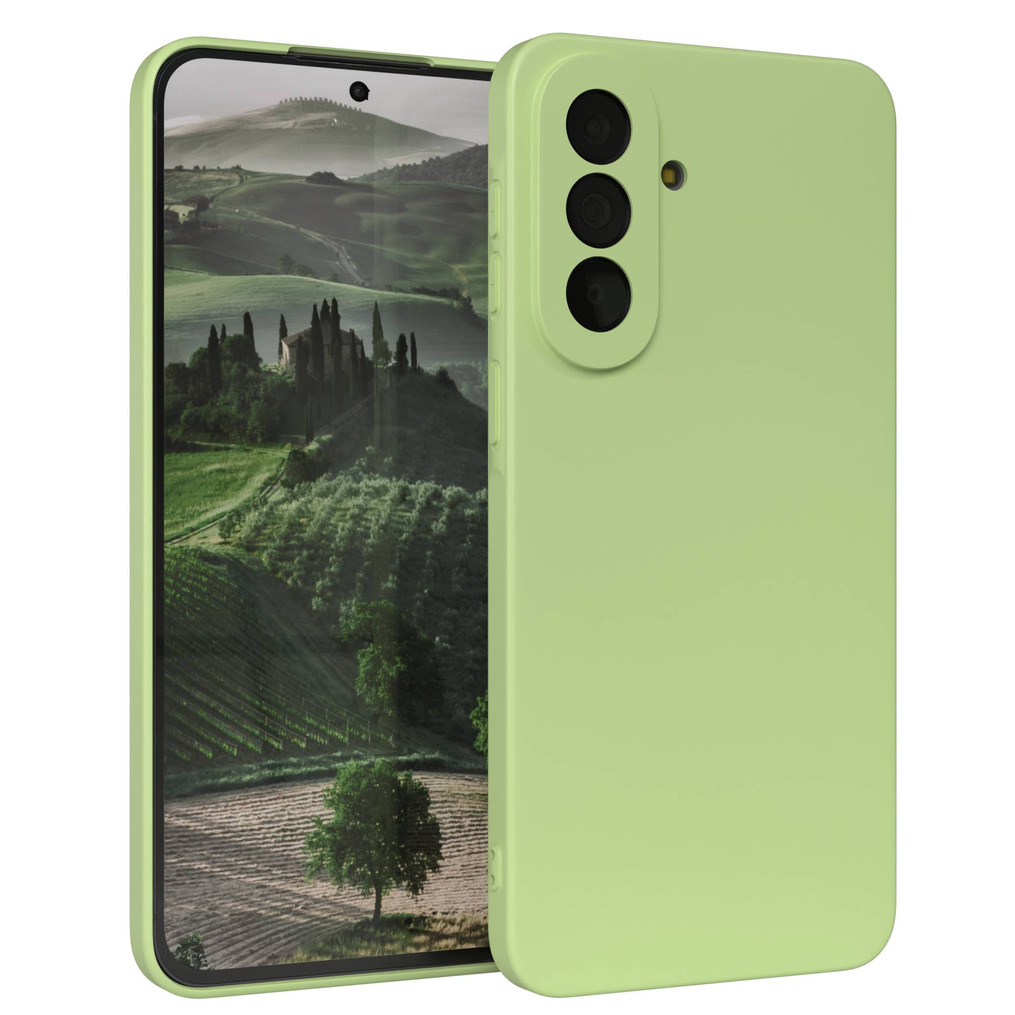 Ein hellgrünes Handy mit drei Kameras und einem Bild einer toskanischen Landschaft.