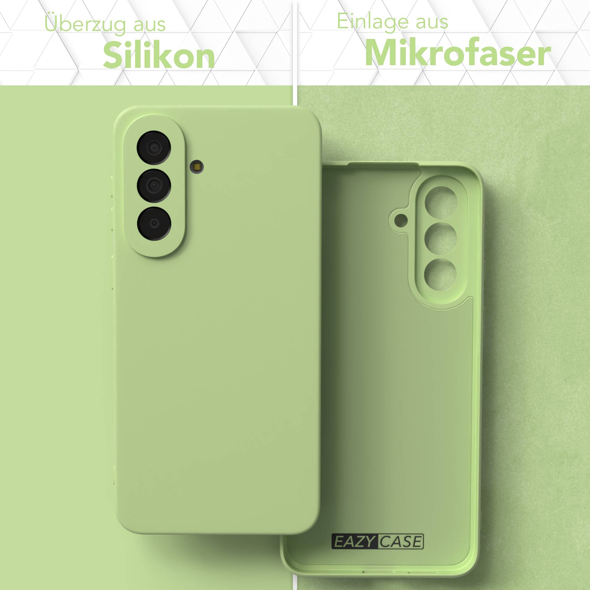Zwei hellgrüne Handyhüllen nebeneinander. Eine aus Silikon, eine aus Mikrofaser.