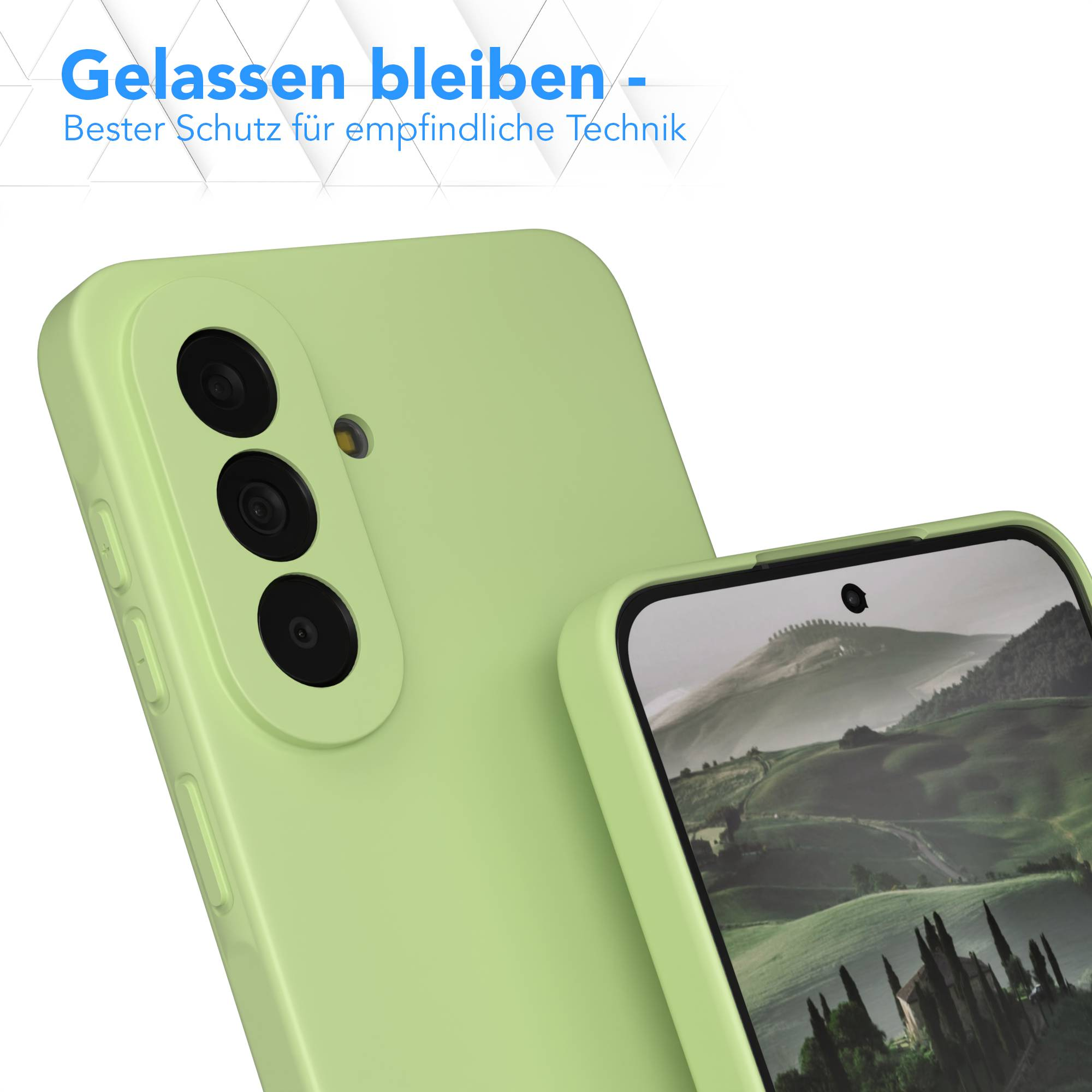 Grüne Handyhülle mit Kameraobjektiven und Bildschirm mit Landschaftsbild.