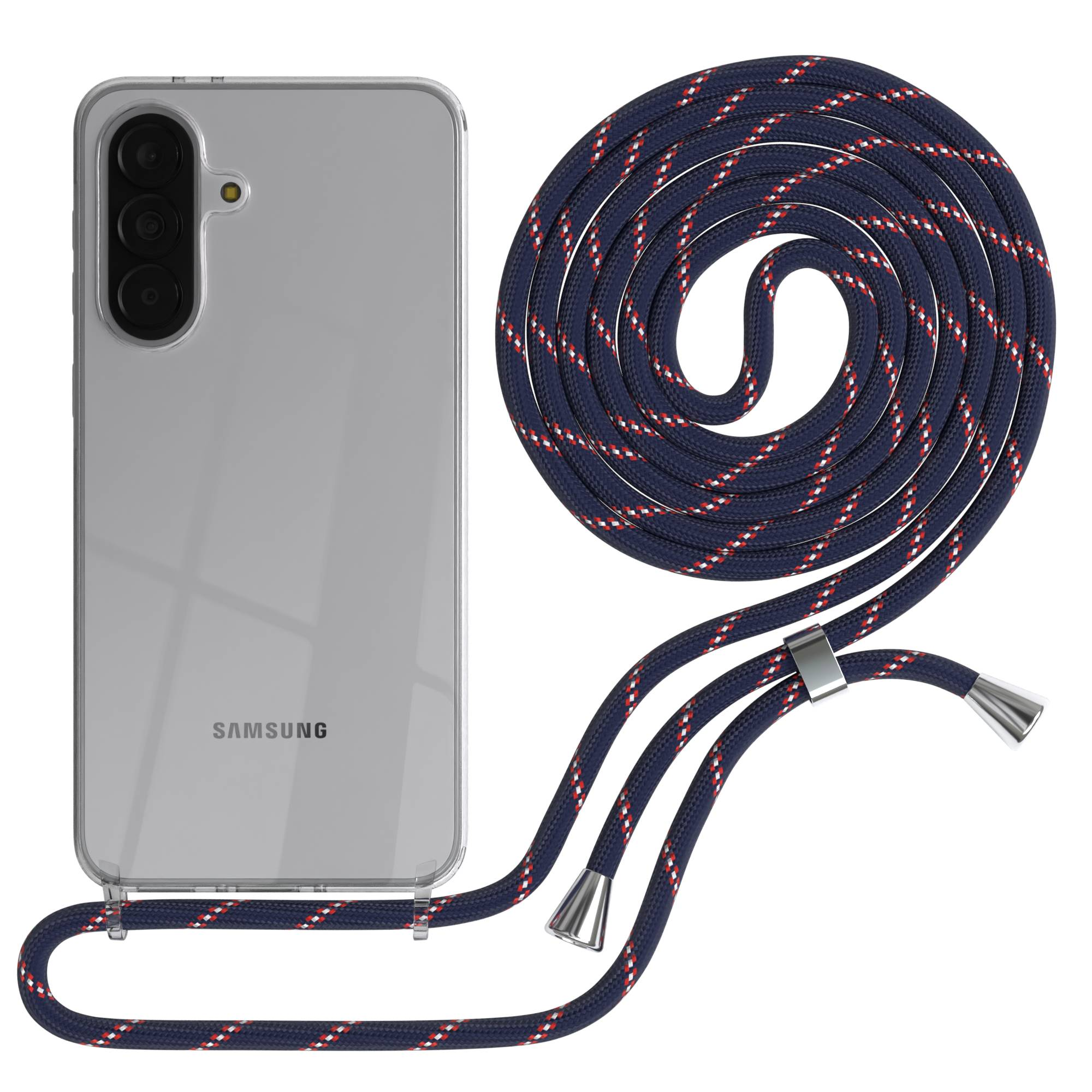Ein Samsung Smartphone in einer klaren Hülle mit einem dunkelblauen Lanyard mit roten und weißen Streifen.