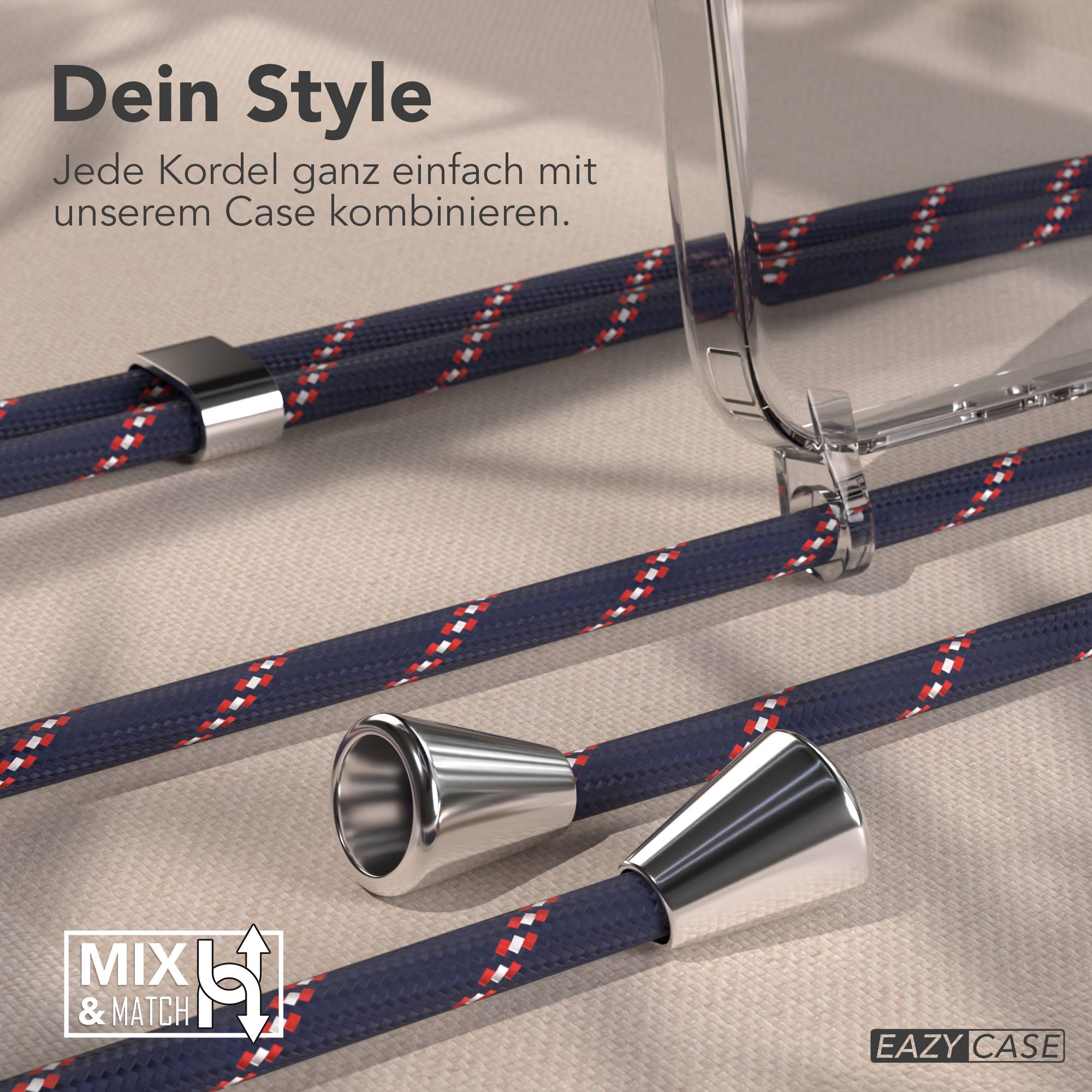 Ein klarer Handyhülle mit dunkelblauen Kordeln und silbernen Akzenten.