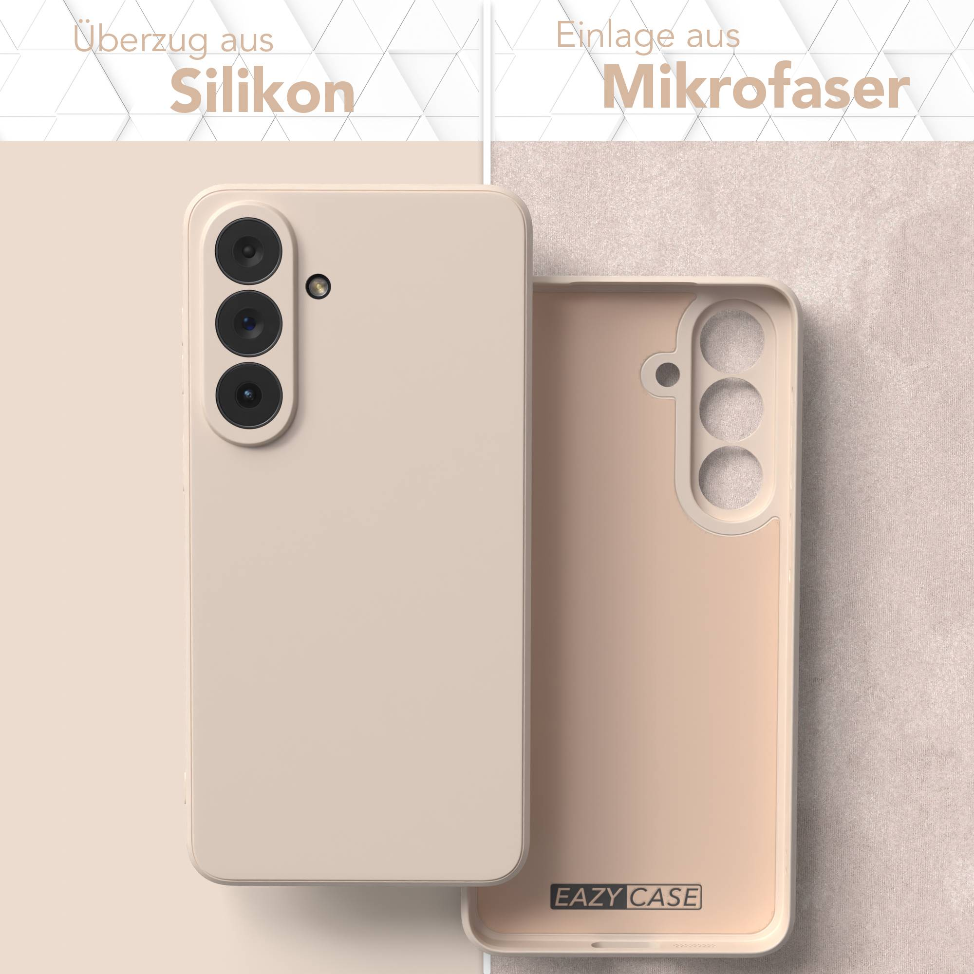 Ein hellbeiges Smartphone mit Silikonhülle und eine Mikrofaser-Einlage.