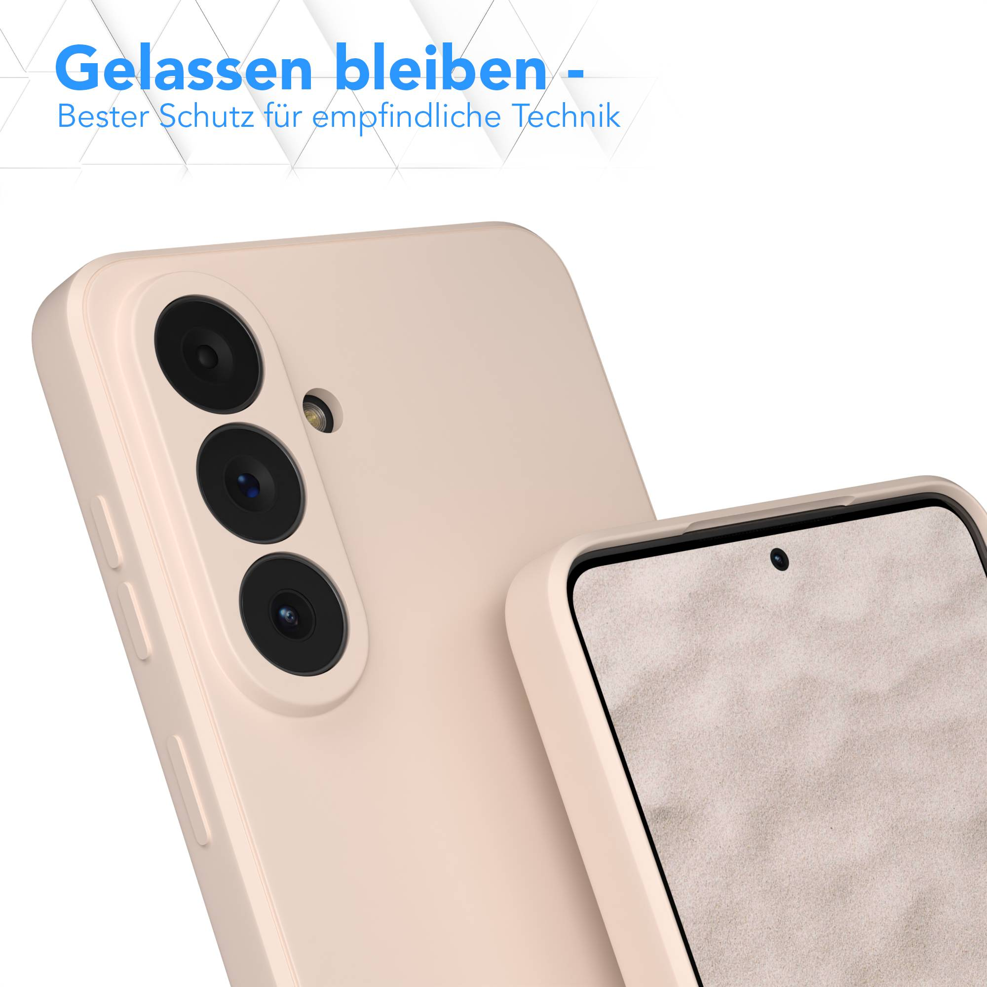 Eine rosafarbene Handyhülle mit drei Kameralinsen und Blitz.