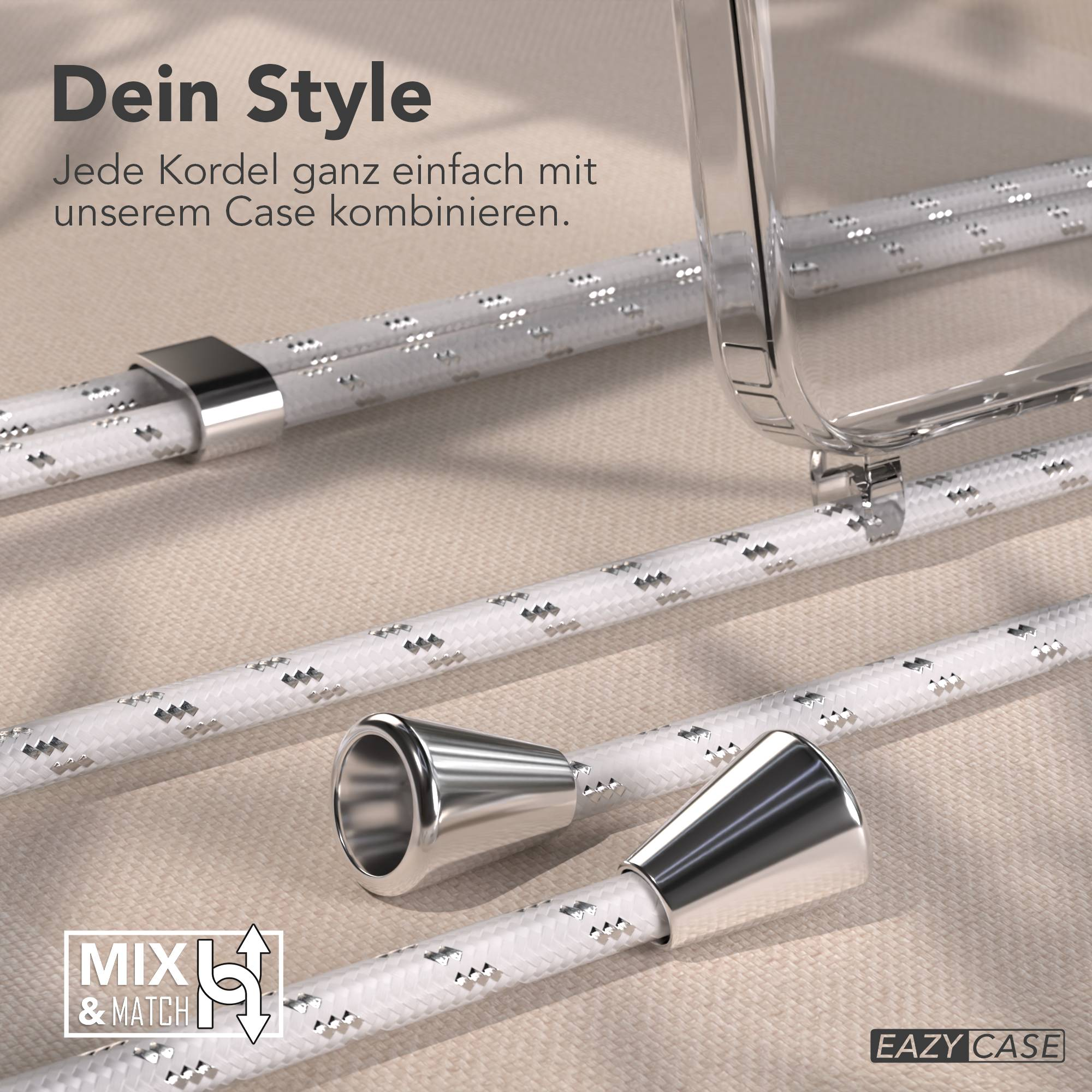 Weiße Kordel mit silbernen Akzenten und Metallspitzen, neben einem transparenten Case.