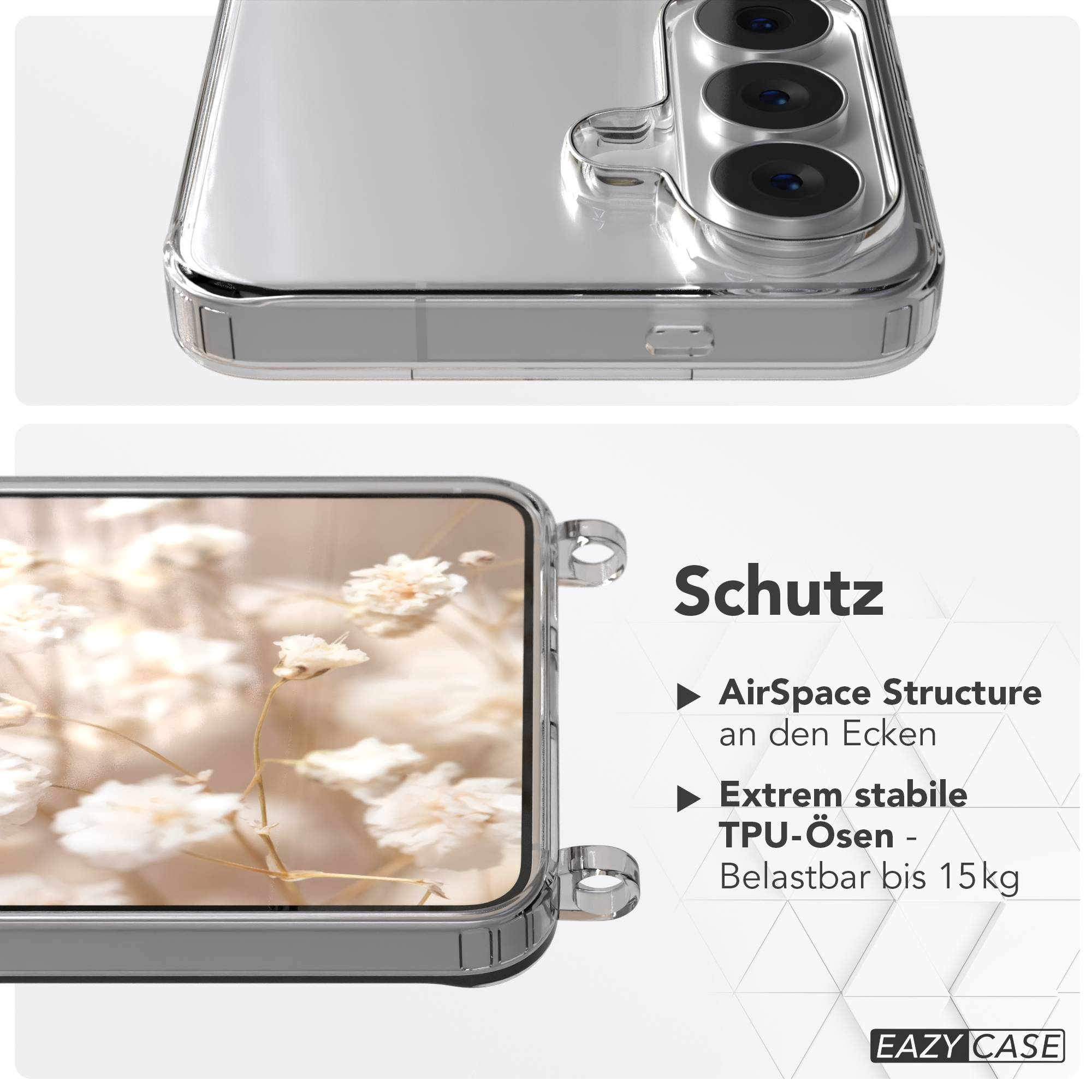 Transparente Handyhülle mit Blumenmuster und Text über Schutzfunktionen.