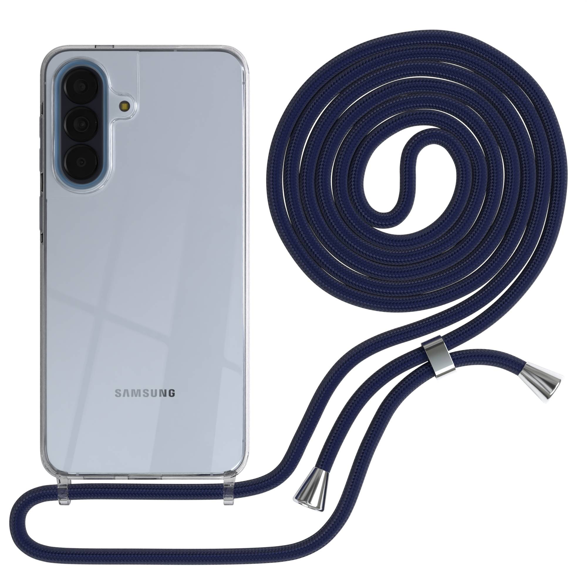 Ein durchsichtiges Samsung-Handy mit einer blauen Kordel, die sich um die Kamera wickelt.